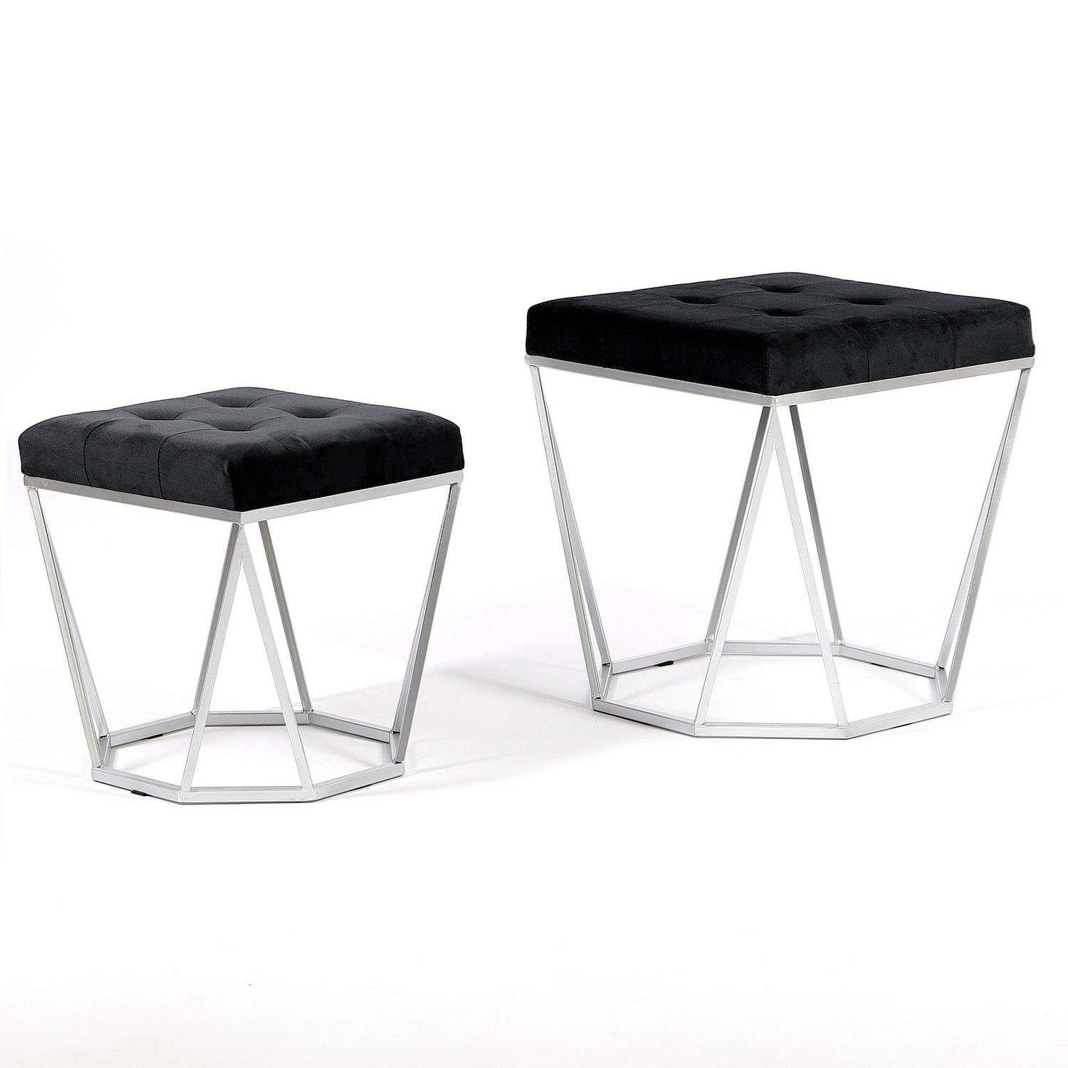 Zestaw 2 puf Oktana z czarnym welurowym siedziskiem na srebrnym stelażu