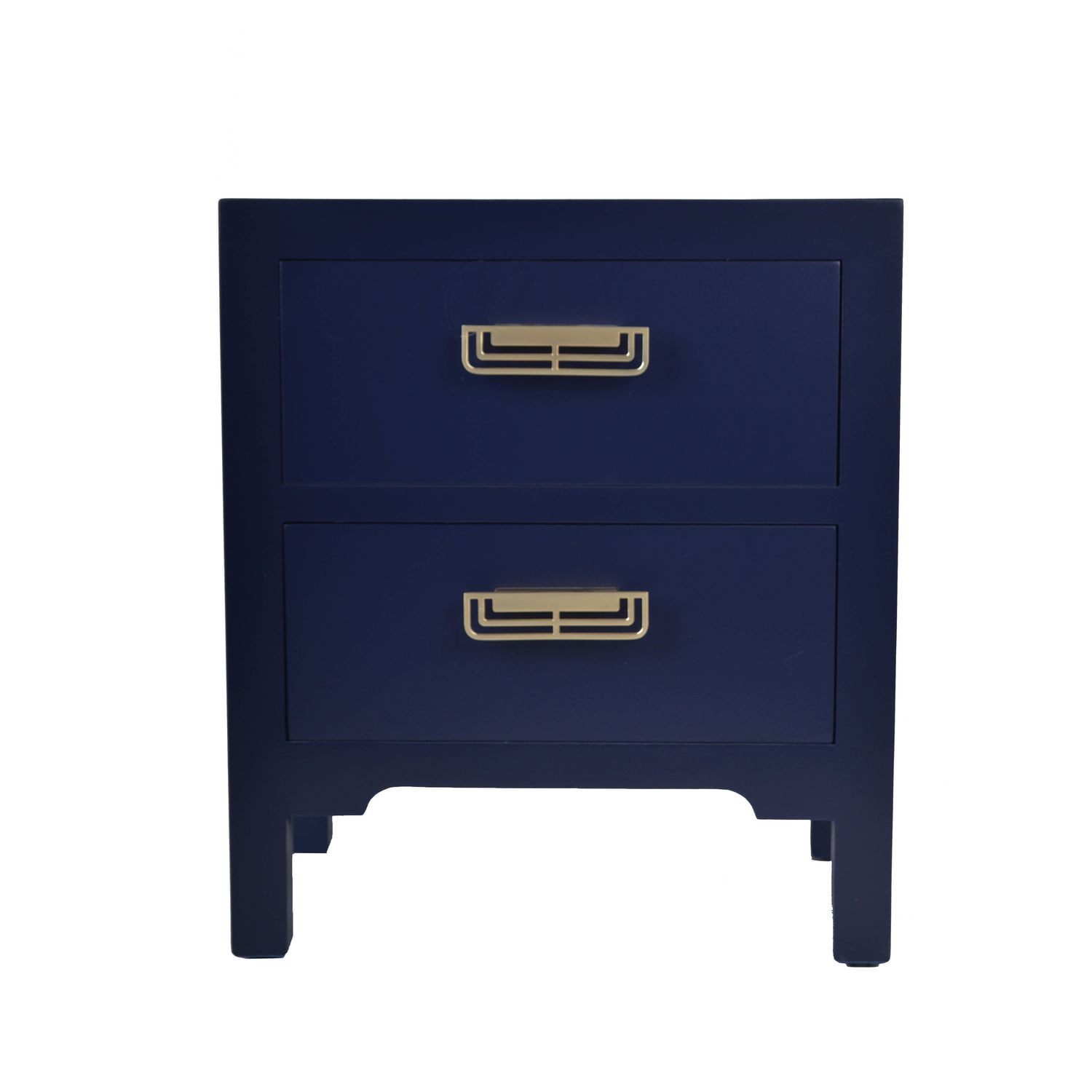 Granatowa szafka z dwiema szufladami ze złotymi uchwytami