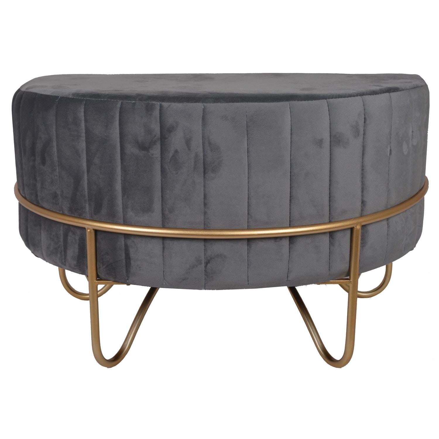 Szary półokrągły welurowy puf na złotym stelażu
