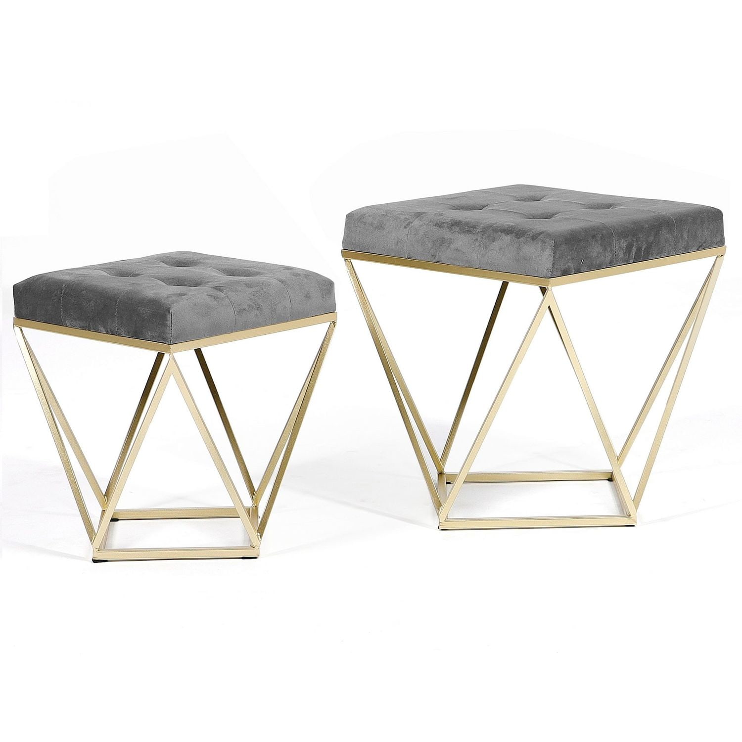 Zestaw 2 puf Java z szarym welurowym siedziskiem na złotym stelażu