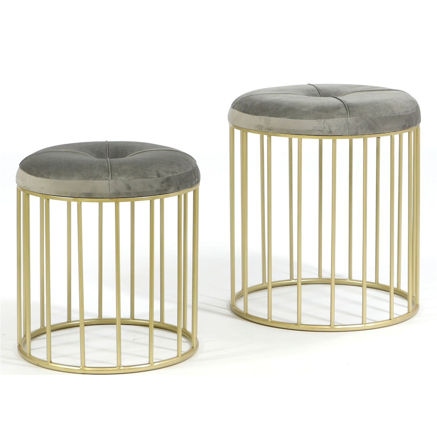 Komplet puf Elba z szarym welurowym siedziskiem na złotej podstawie
