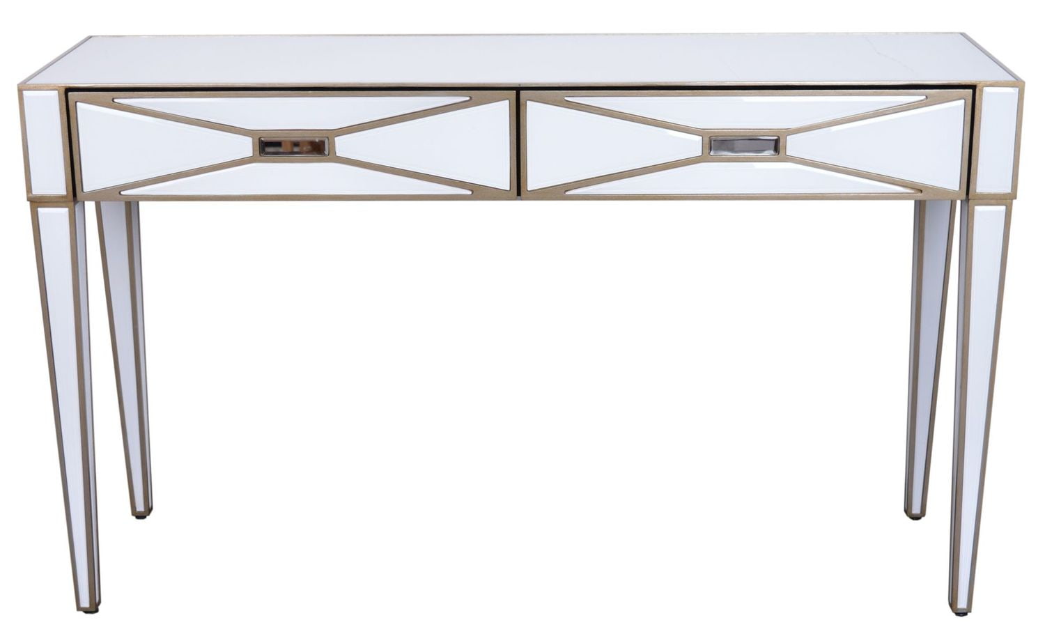 Konsola szklana w kolorze białym z szufladami ze złotymi elementami