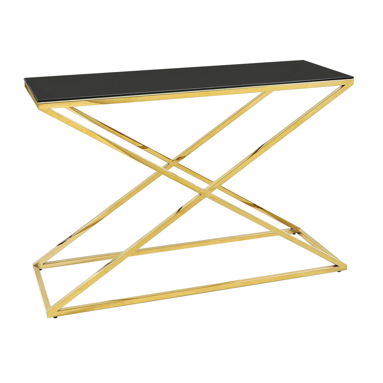 Konsola ze stali chromowanej złota z czarnym szklanym blatem