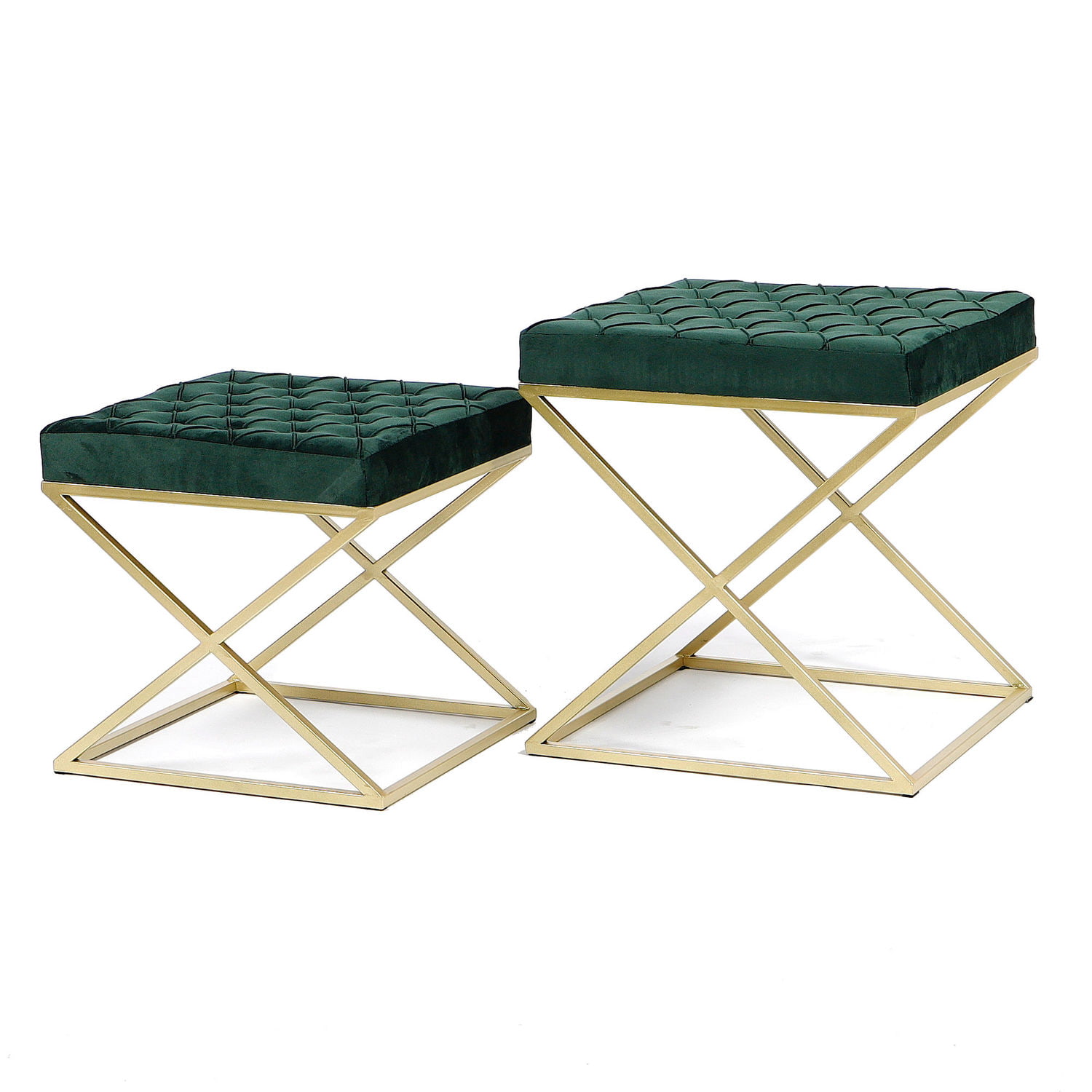 Zestaw 2 puf Royal z zielonym pikowanym siedziskiem na złotym stelażu