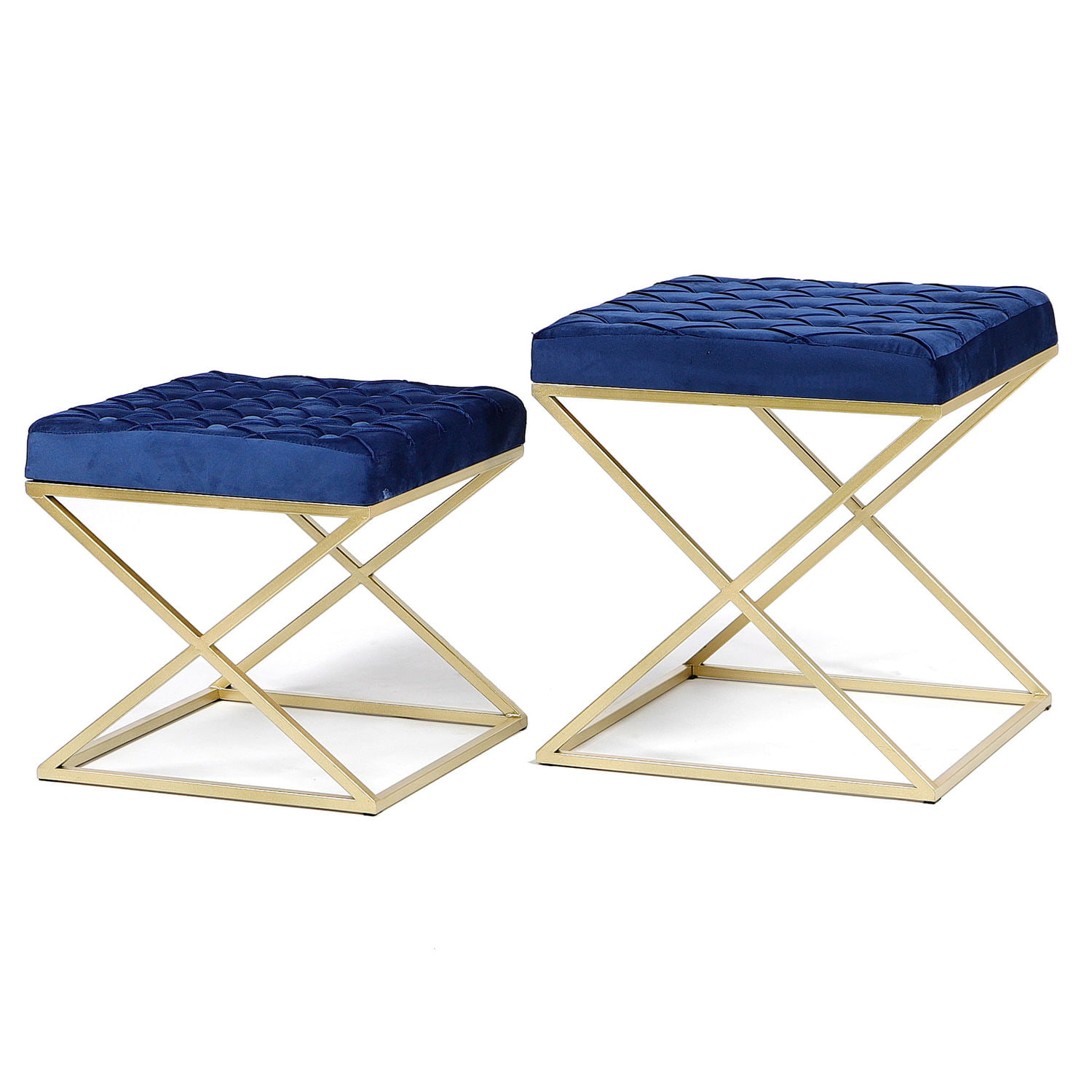 Zestaw 2 puf z niebieskim pikowanym siedziskiem na złotym stelażu
