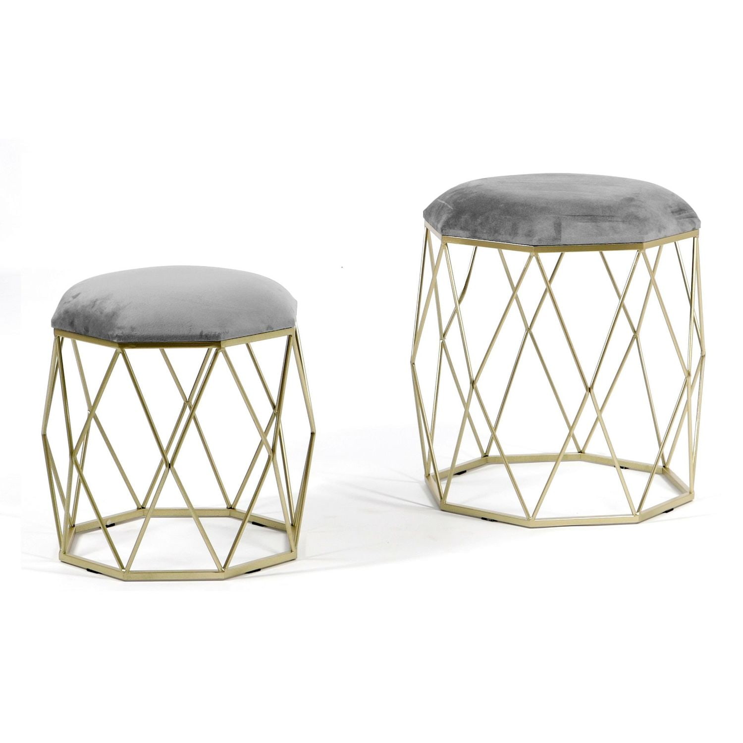 Zestaw 2 puf Venus z szarym welurowym siedziskiem na złotym stelażu