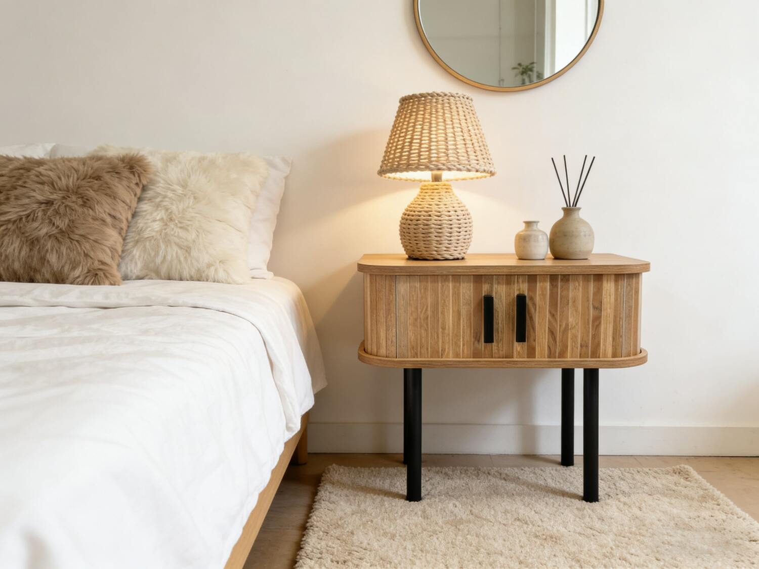 Szafka nocna z ryflowanymi frontami BOHO dąb czarne uchwyty