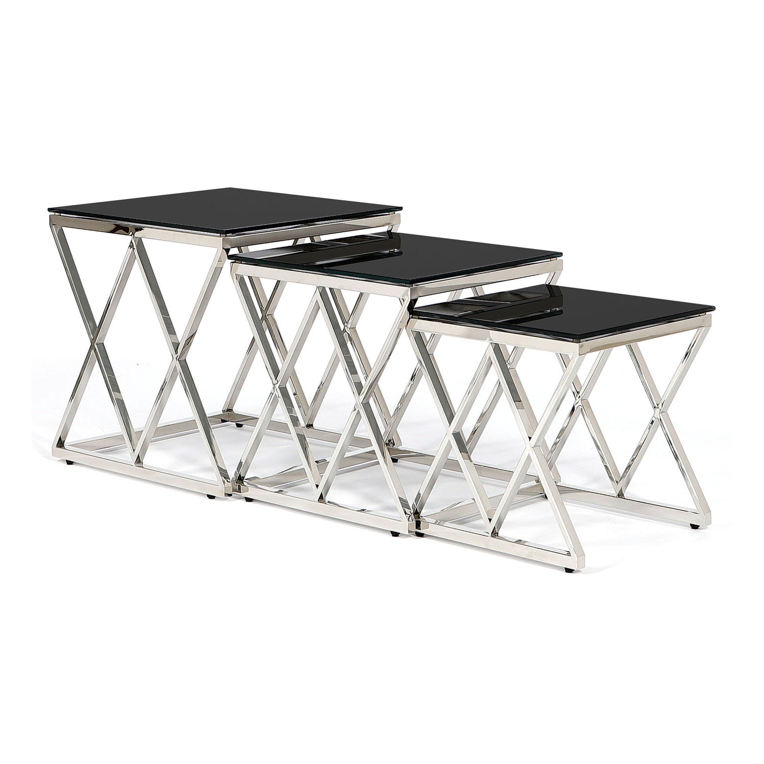 Zestaw trzech stolików chromowanych z czarnym blatem