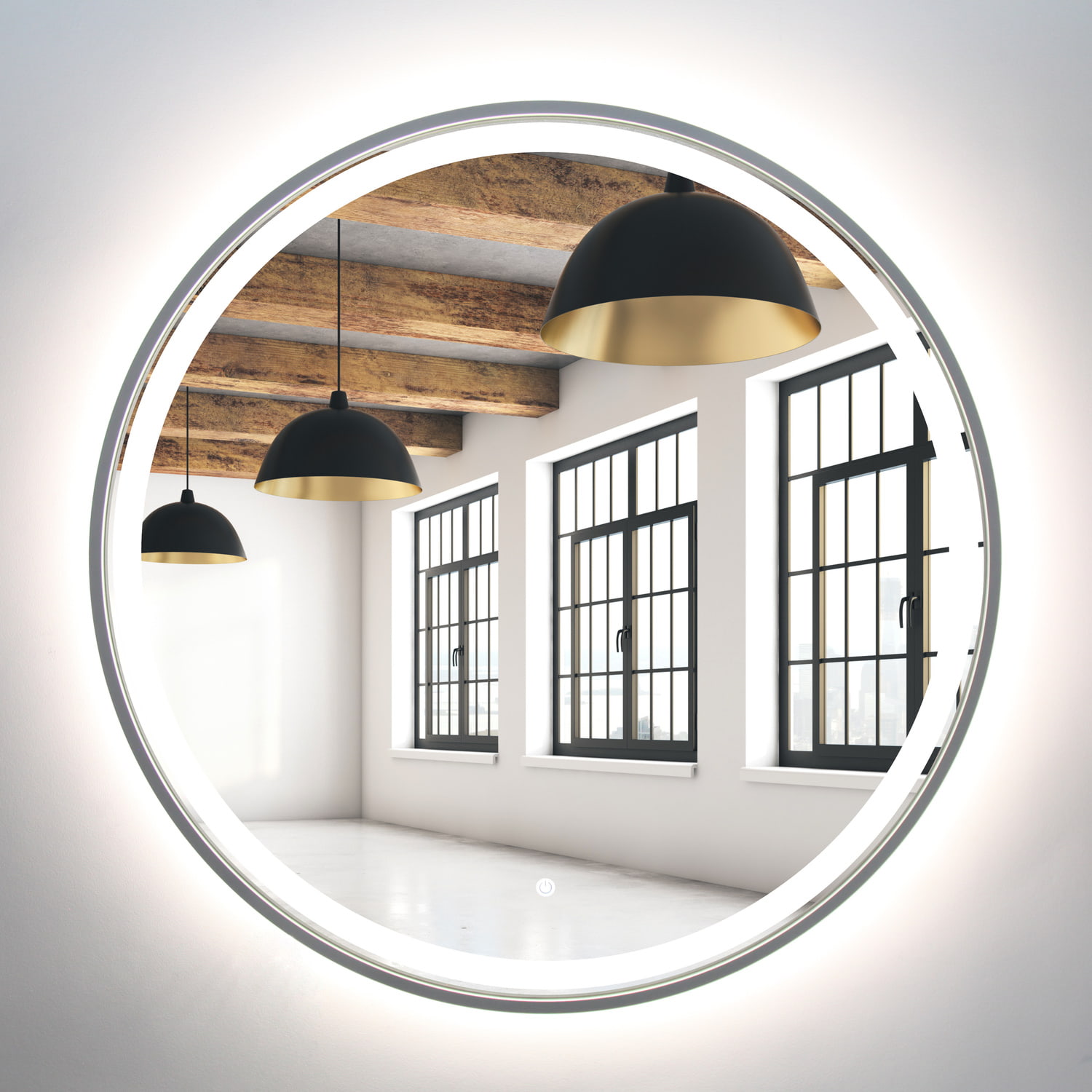 Lustro okrągłe 60cm srebrne rama MDF LED z piaskowaniem