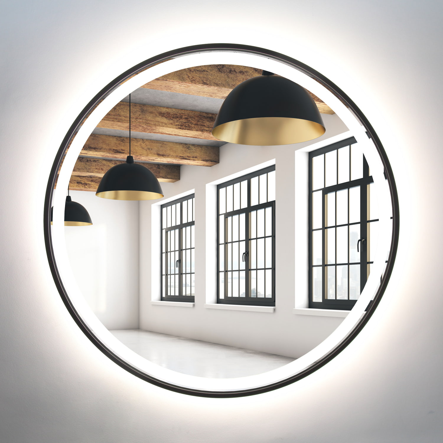 Lustro okrągłe 60cm czarne rama MDF LED z piaskowaniem