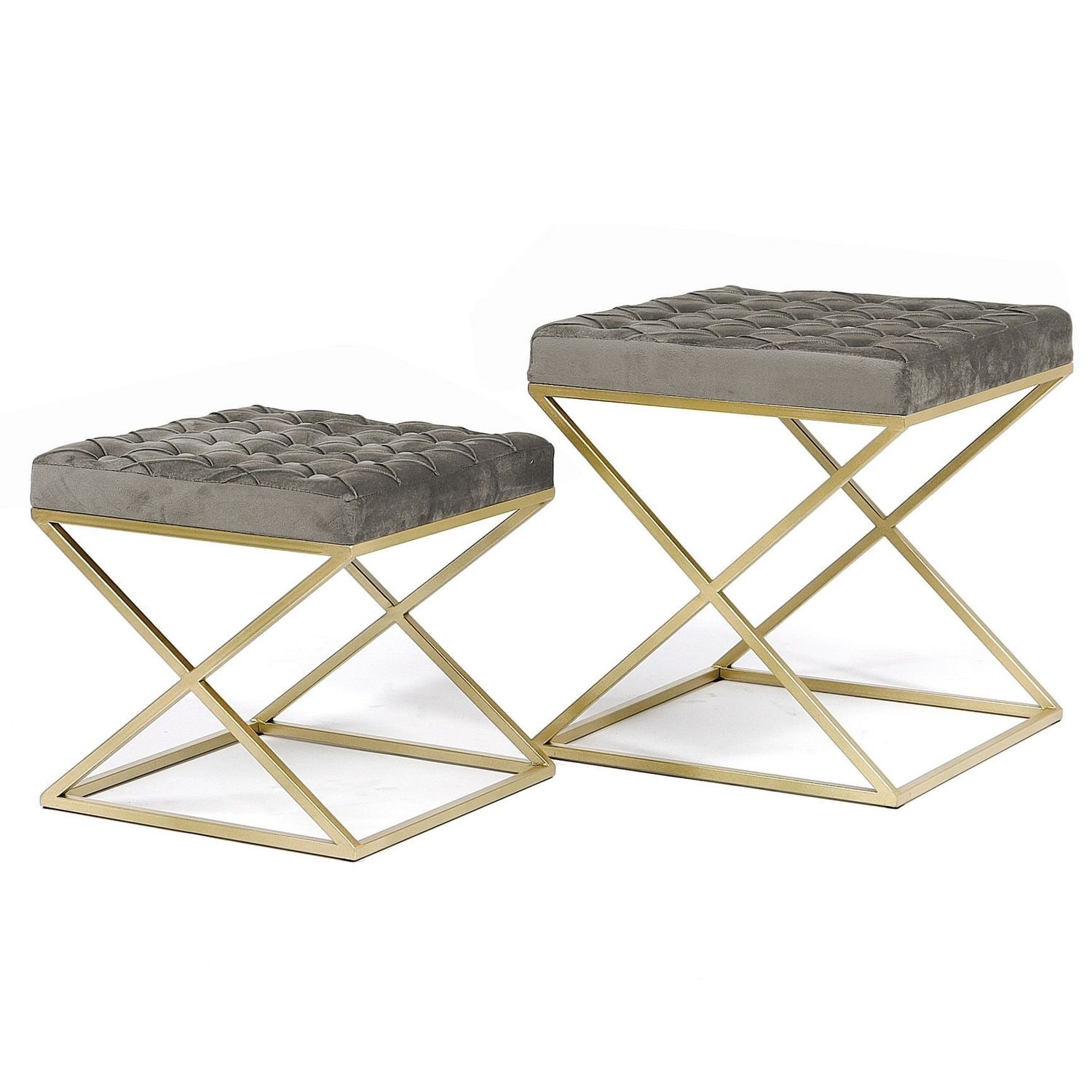 Zestaw 2 puf Royal z szarym pikowanym siedziskiem na złotym stelażu