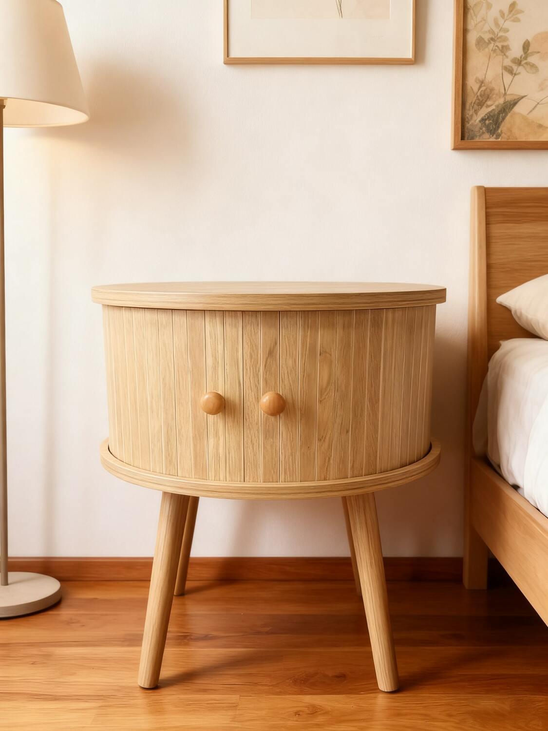 Szafka nocna ryflowane fronty dąb boho drewniane nogi