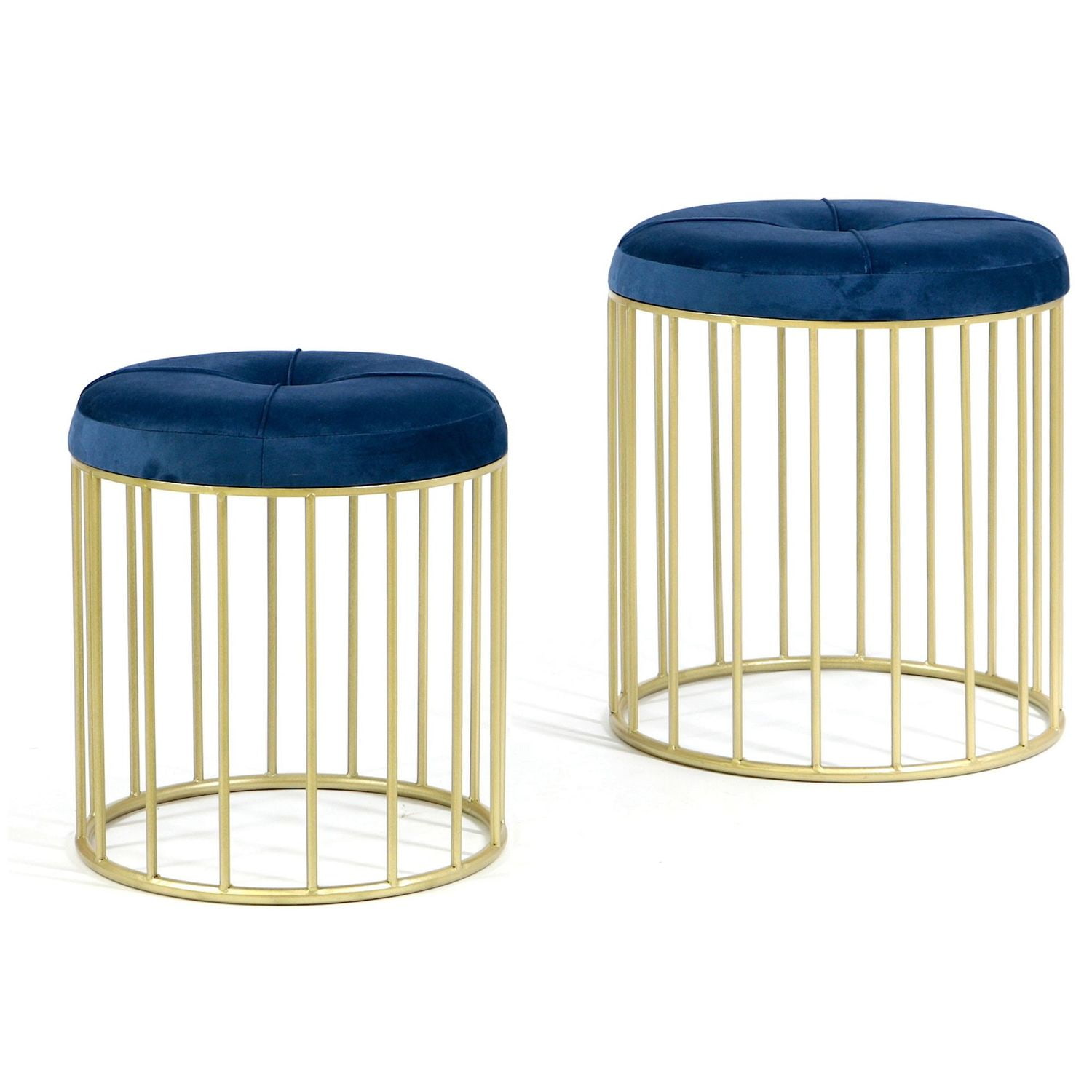 Komplet puf Elba z niebieskim welurowym siedziskiem na złotej podstawie