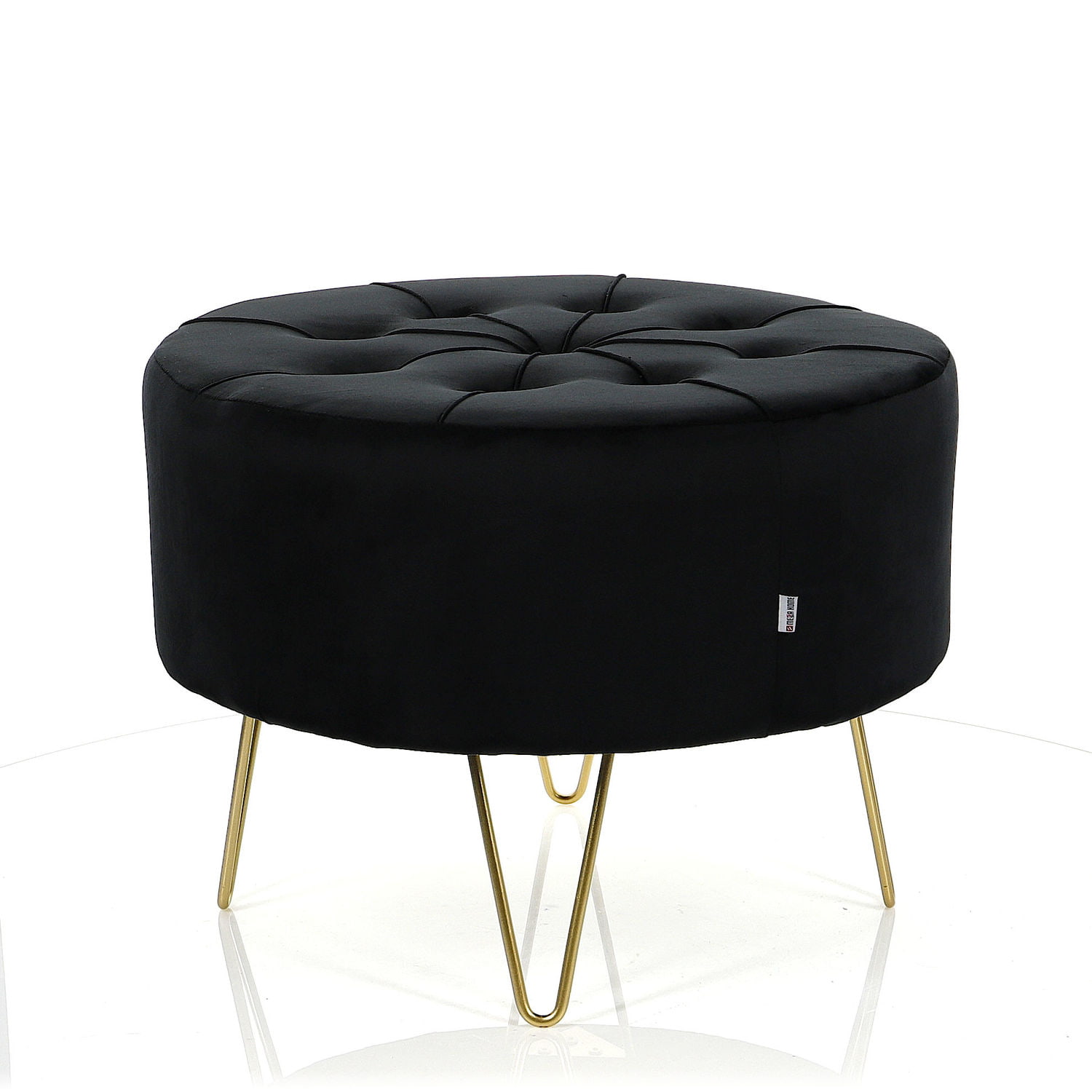 Puf pikowany czarny Alia welur na złotej podstawie