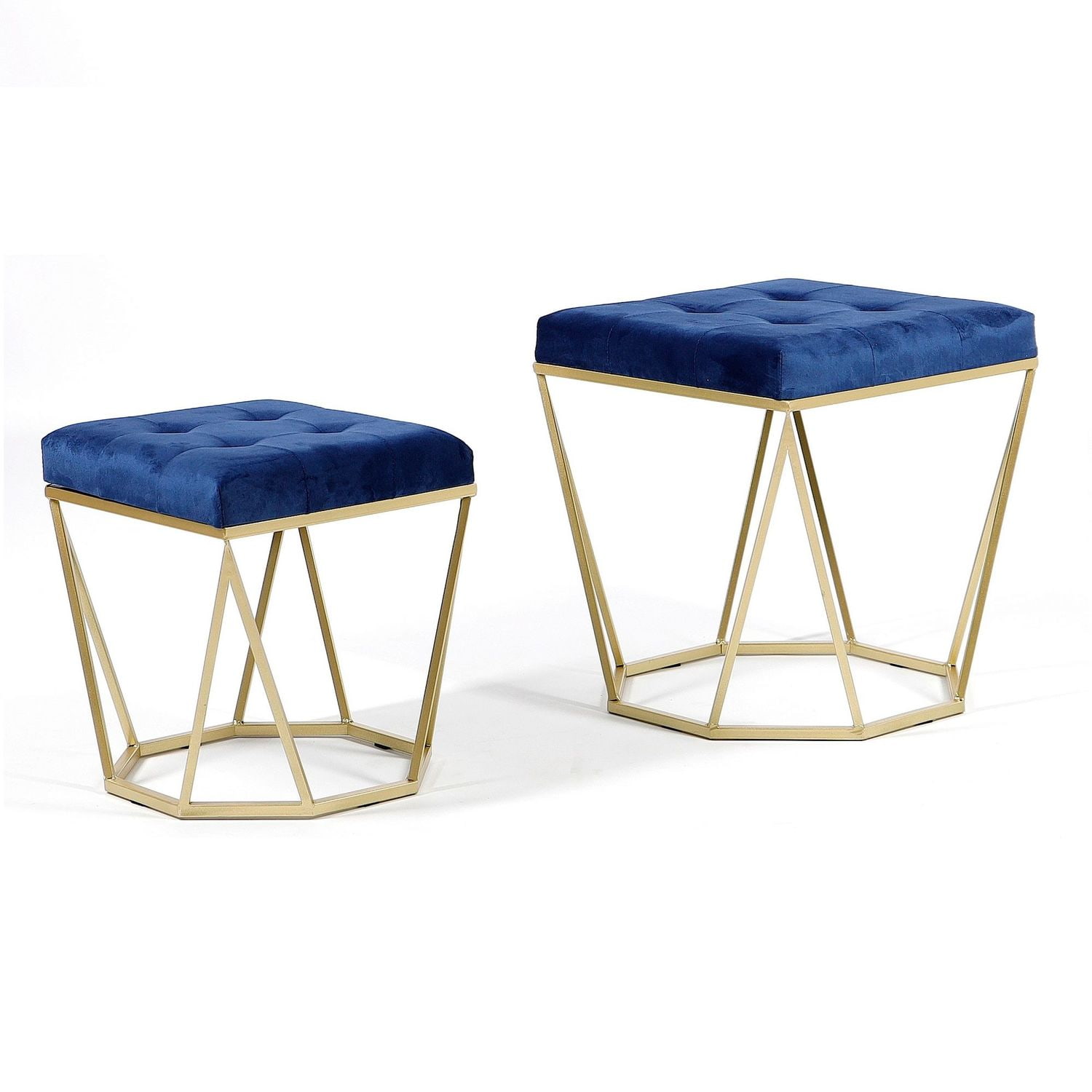 Zestaw 2 puf Oktana z niebieskim welurowym siedziskiem na złotym stelażu