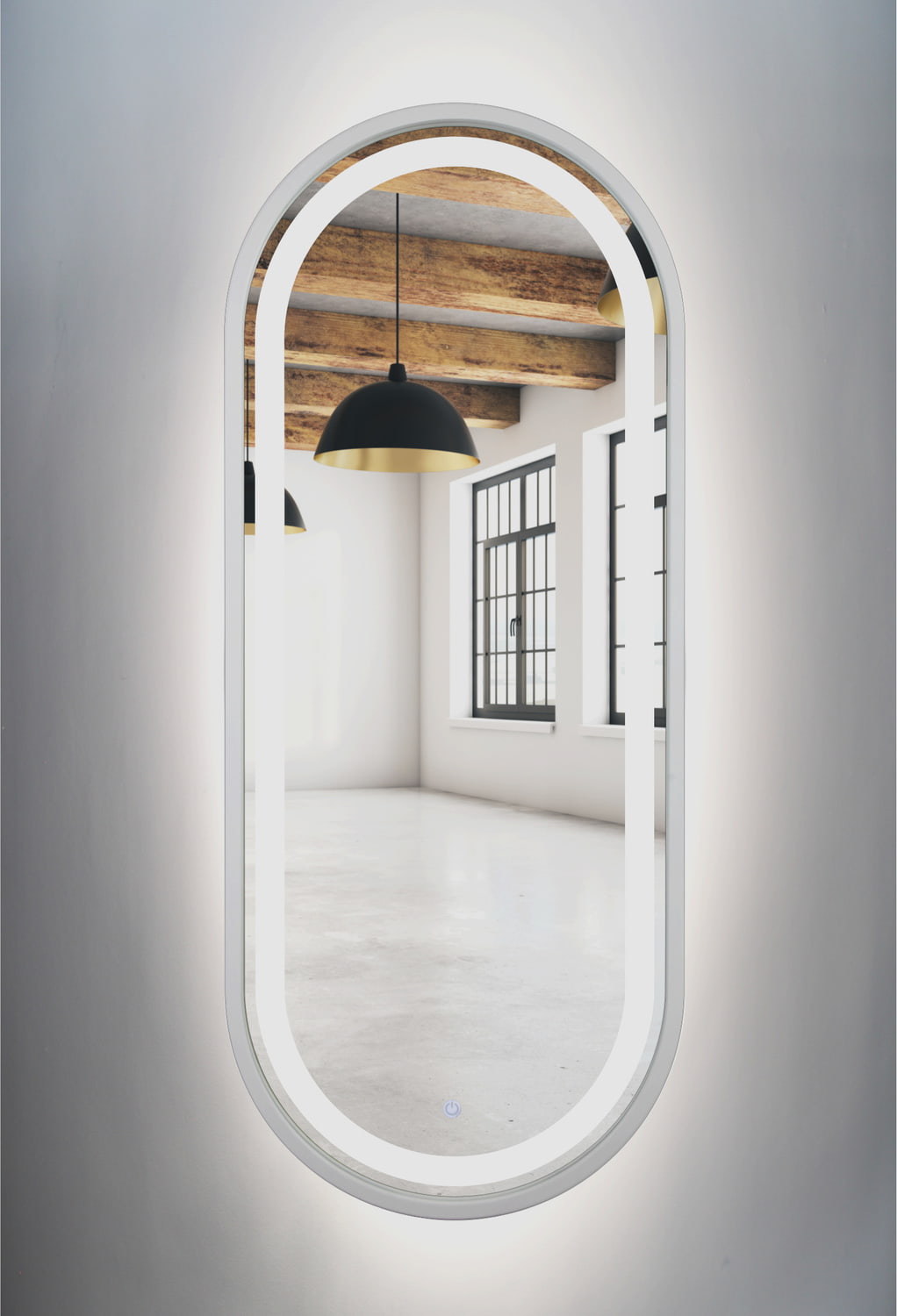 Lustro owalne srebrne rama MDF LED z piaskowaniem 50x150cm