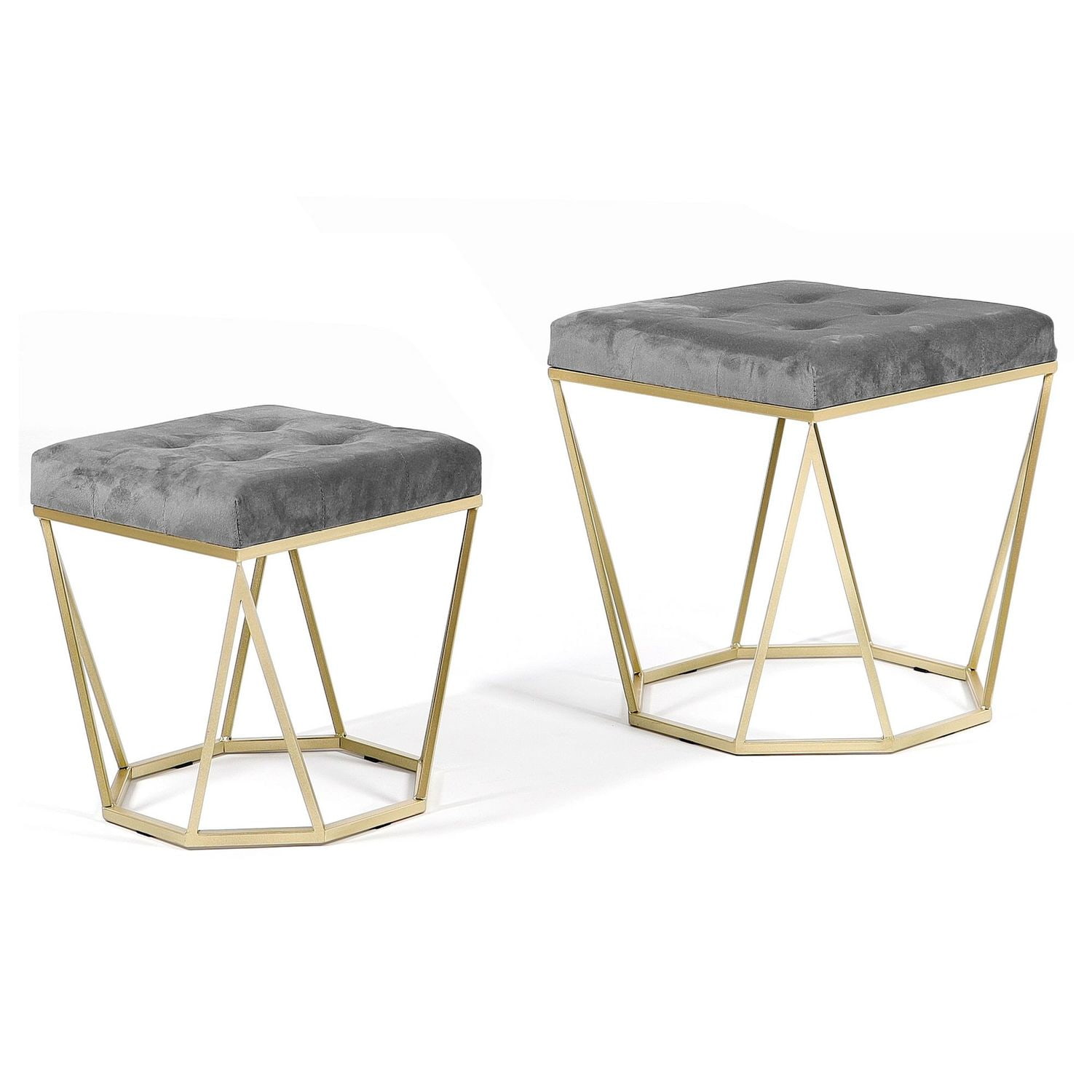 Zestaw 2 puf Oktana z szarym welurowym siedziskiem na złotym stelażu