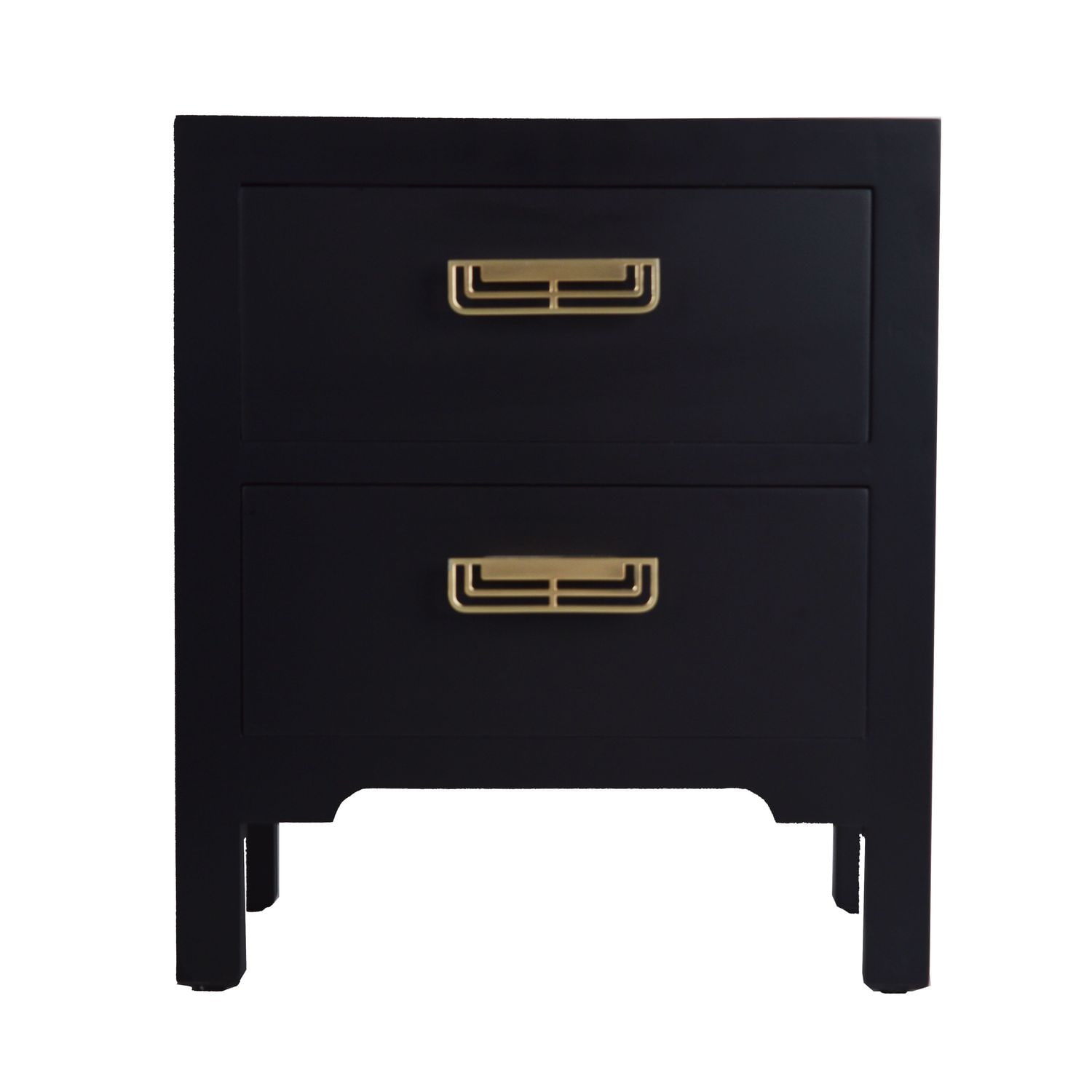 Czarna szafka nocna z dwiema szufladami ze złotymi uchwytami