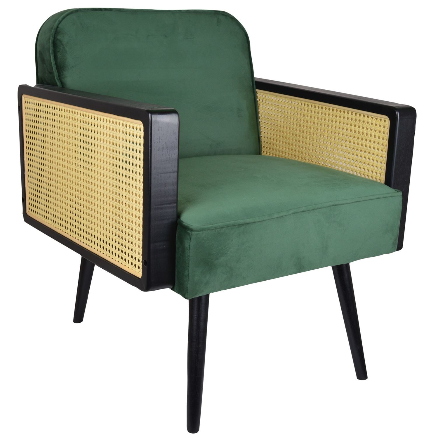 Fotel welurowy w kolorze zielonym Boho na drewnianych nogach