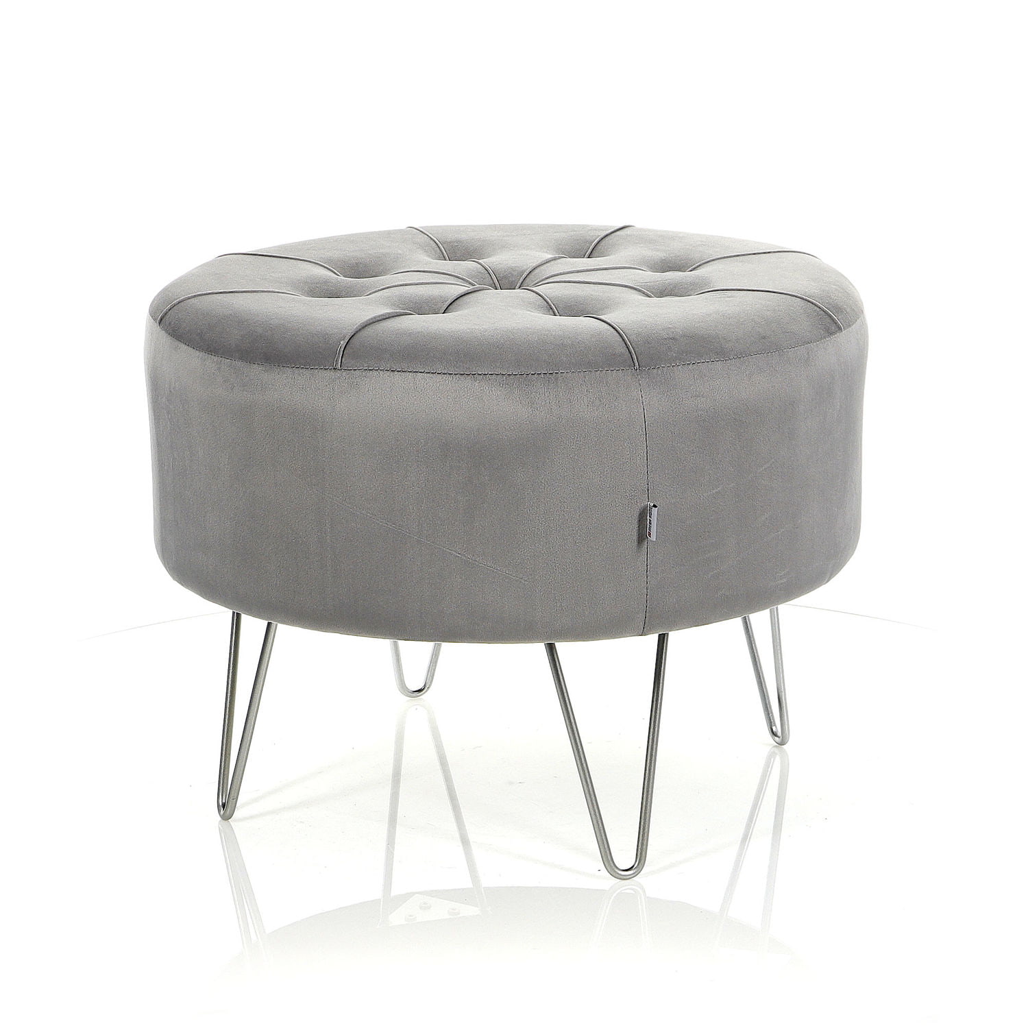 Puf pikowany jasnoszary Alia welur na srebrnej podstawie