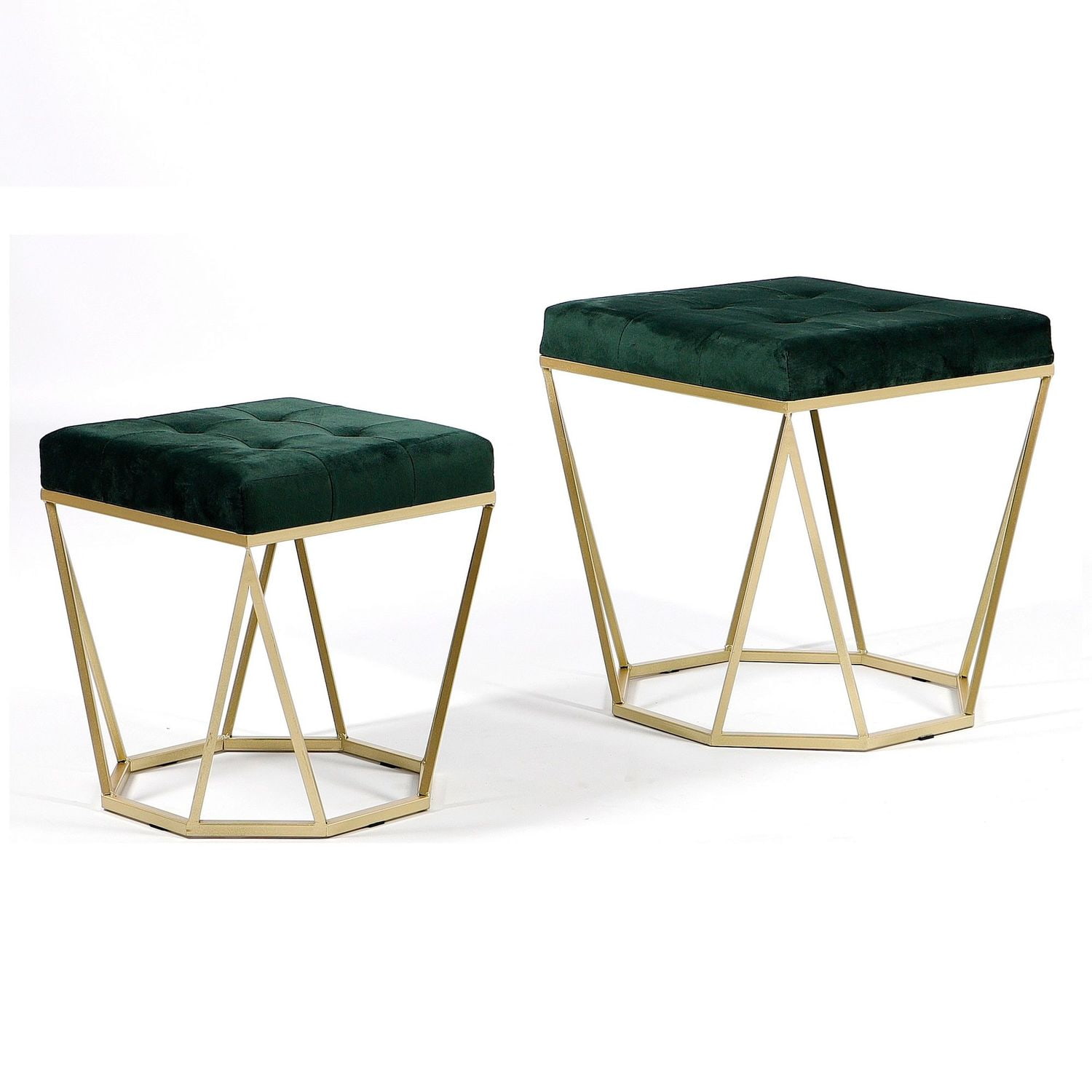 Zestaw 2 puf Oktana z zielonym welurowym siedziskiem na złotym stelażu