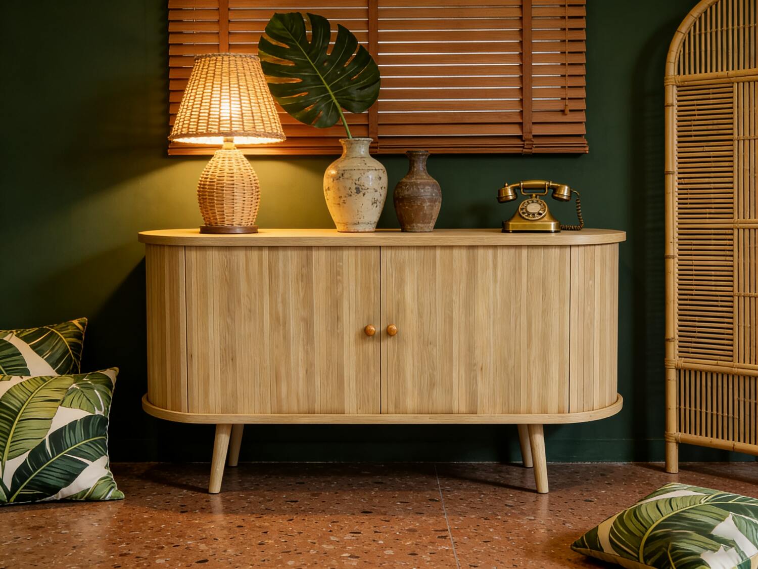 Szafka rtv ryflowane fronty dąb boho drewniane nogi 150 cm