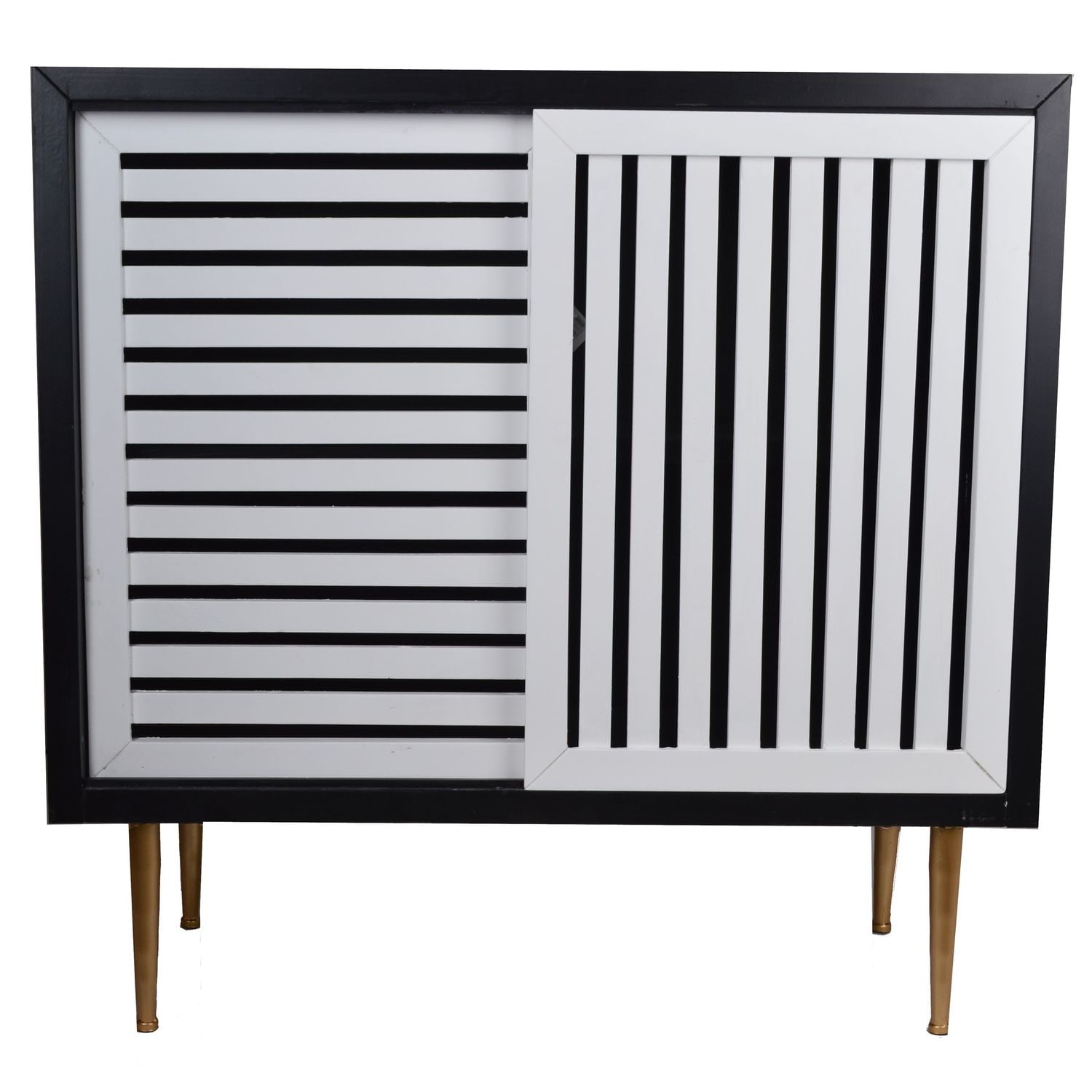Czarna komoda z białymi przesuwnymi drzwiami na złotych nogach