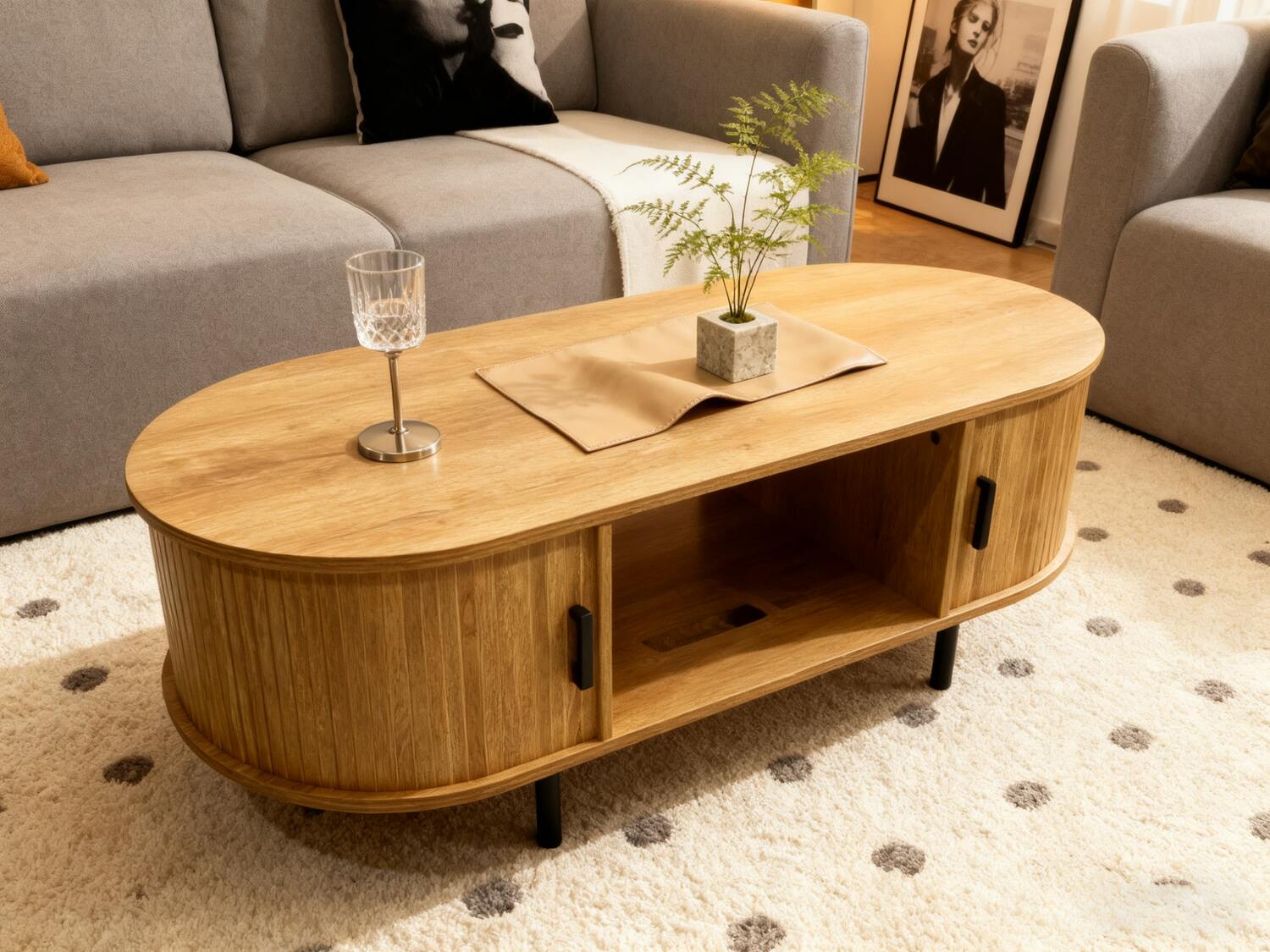 Stolik kawowy owalny z ryflowanymi frontami BOHO dąb czarne uchwyty 120 cm