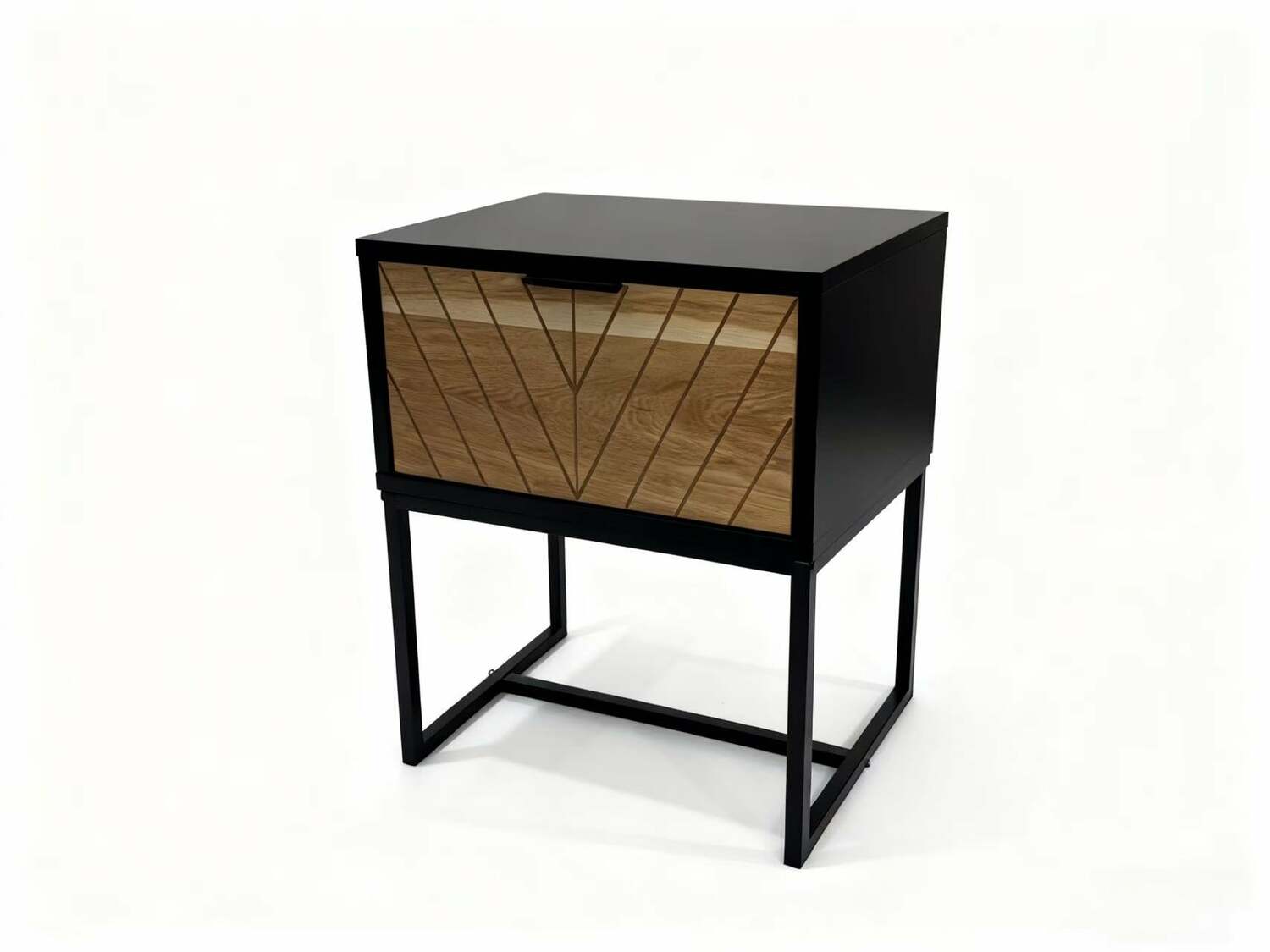 Czarna szafka nocna z frontem jodełka dąb