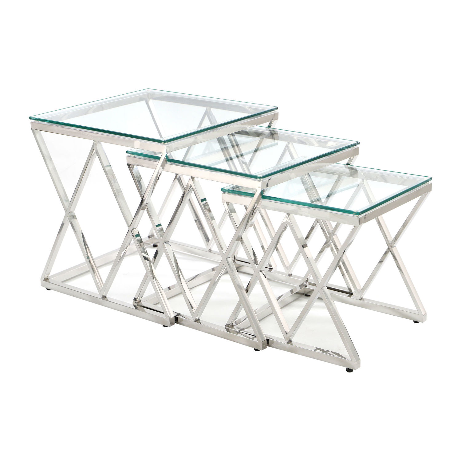 Komplet trzech stolików ze stali chromowanej