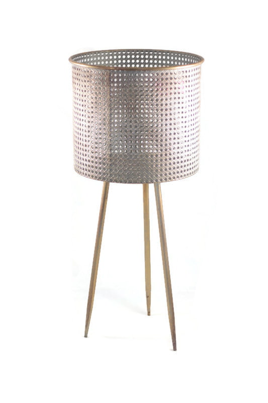 Kwietnik metalowy w kolorze srebrnym na metalowych nogach