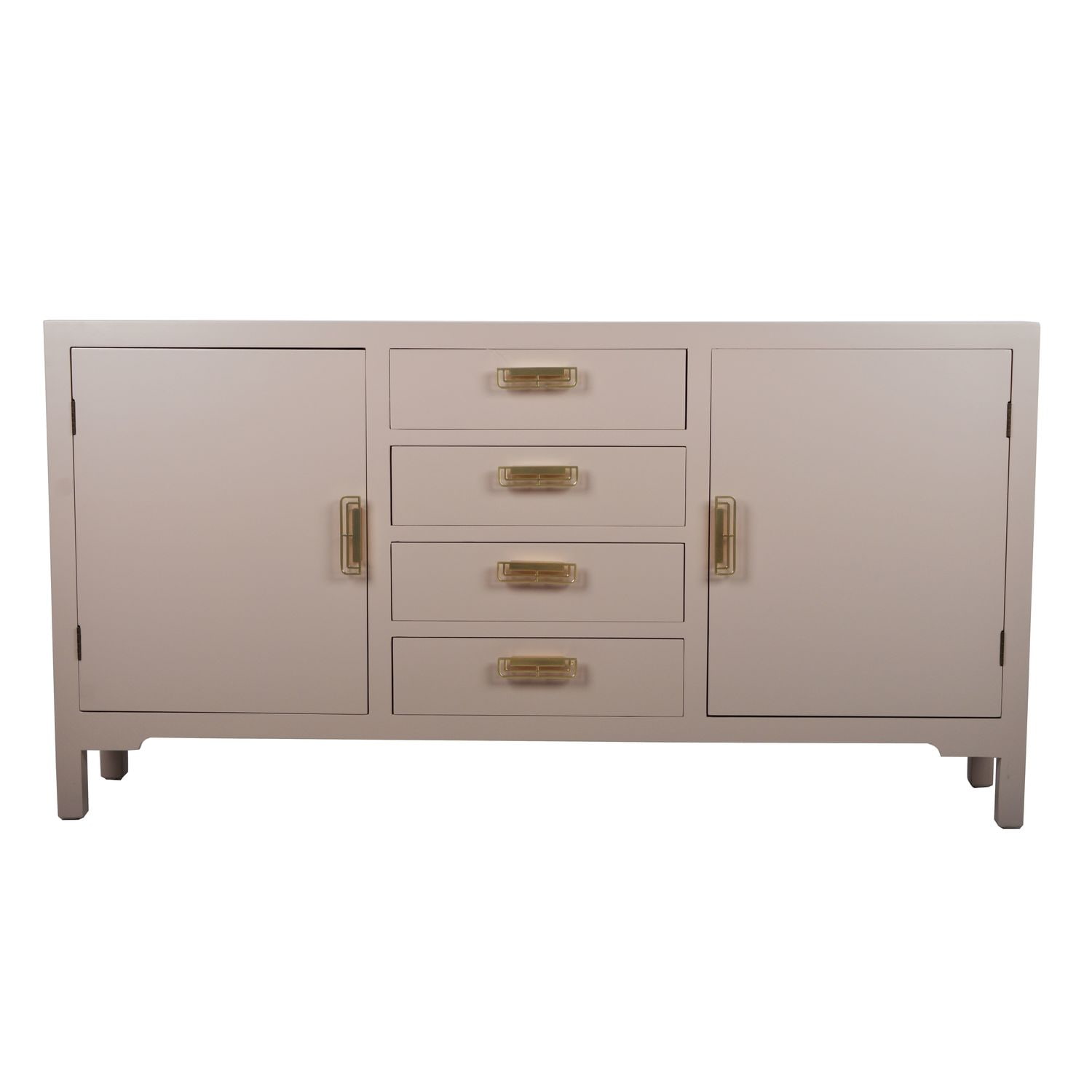Duża komoda beżowa dwudrzwiowa ze złotymi uchwytami i szufladami