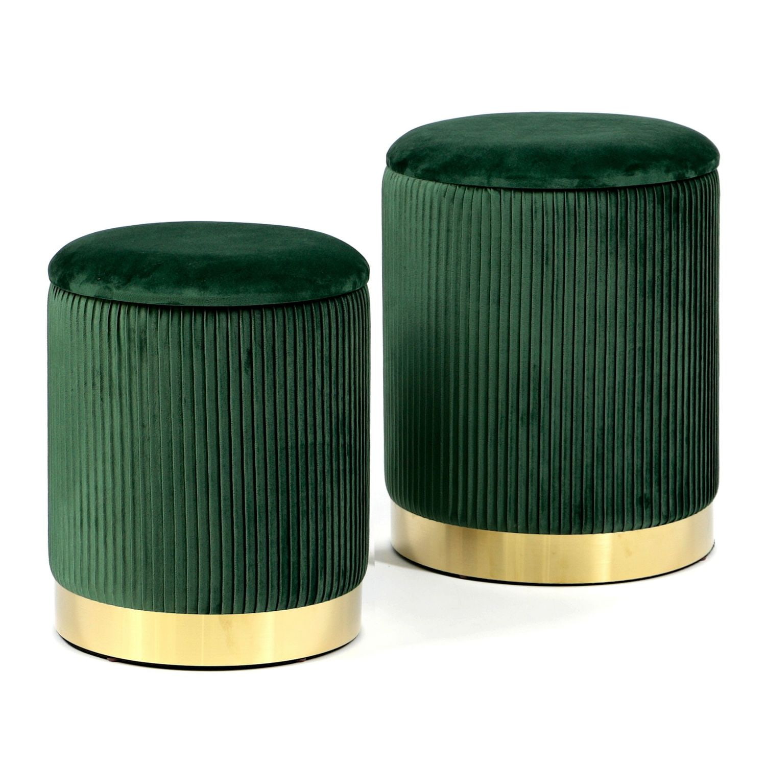 Komplet puf Flora z zielonym welurowym siedziskiem na złotej podstawie
