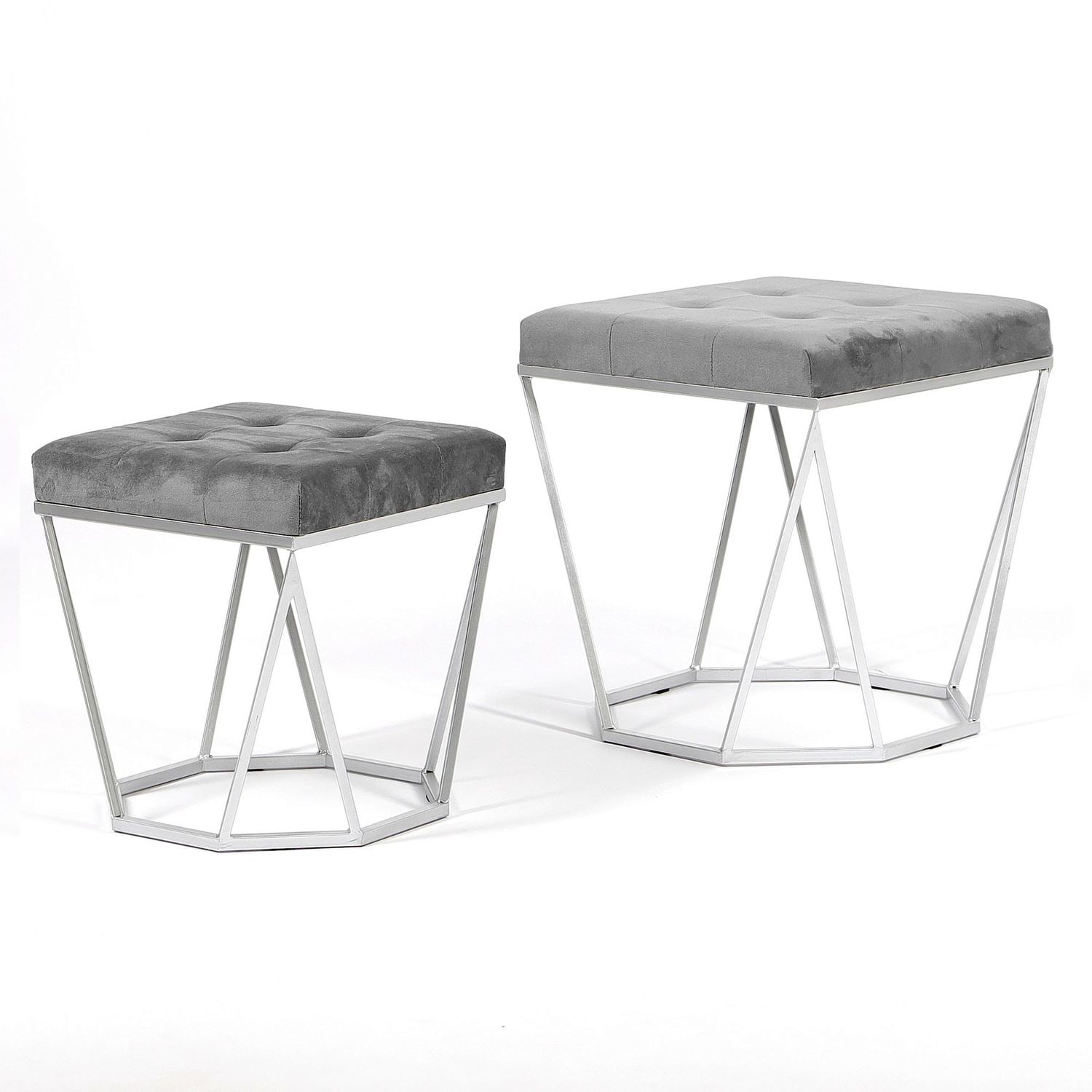 Zestaw 2 puf Oktana z szarym welurowym siedziskiem na srebrnym stelażu