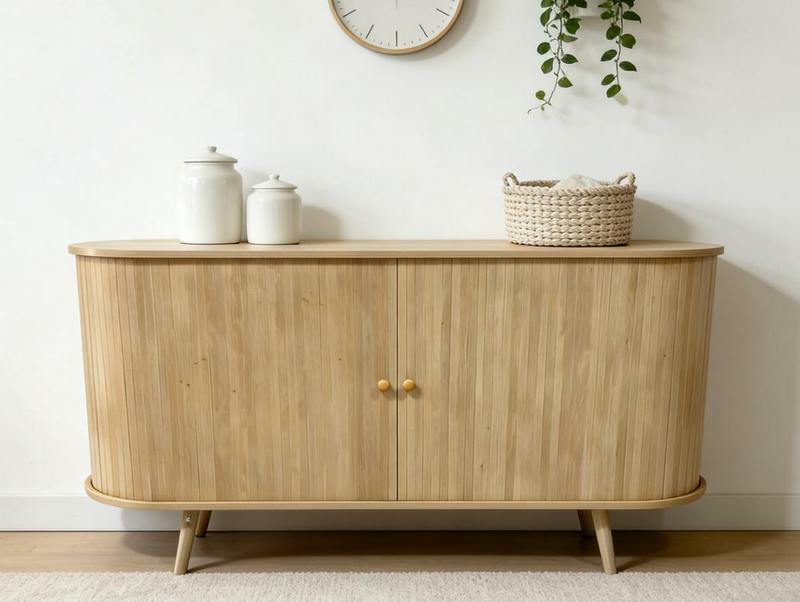 Duża komoda ryflowane fronty dąb boho drewniane nogi 138 cm