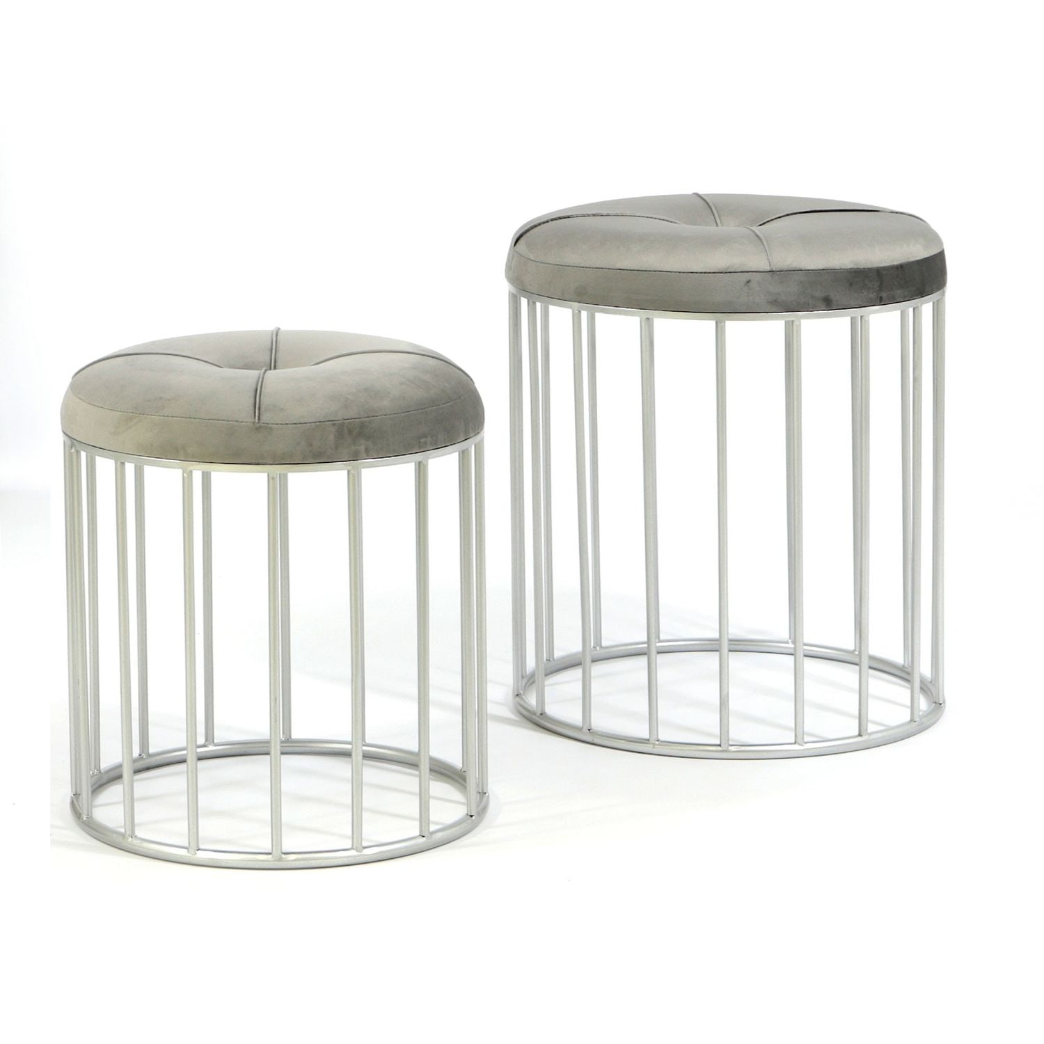 Komplet puf Elba z szarym welurowym siedziskiem na srebrnej podstawie