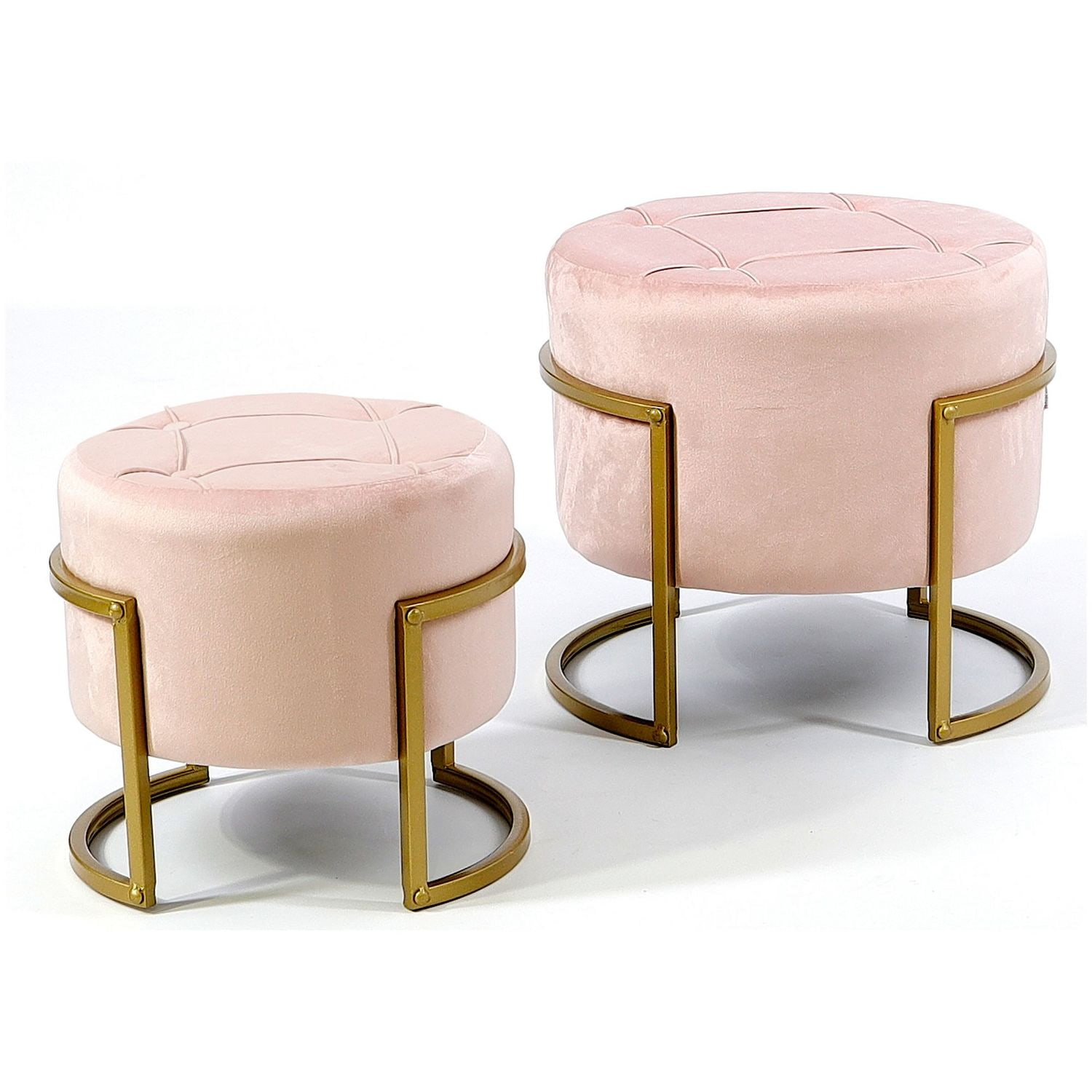 Komplet jasnoróżowych puf welurowych pikowanych na złotym stelażu