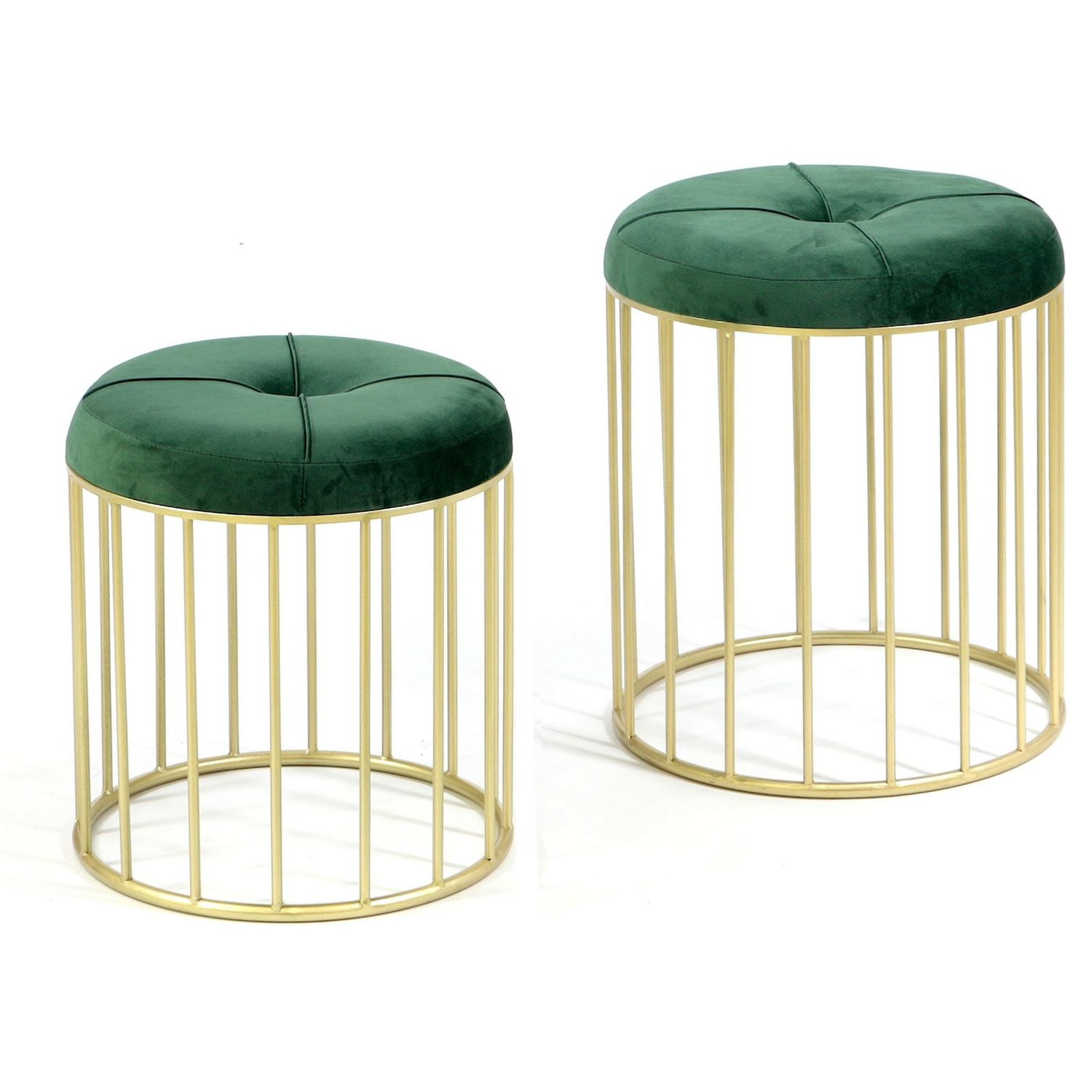 Komplet puf Elba z zielonym welurowym siedziskiem na złotej podstawie