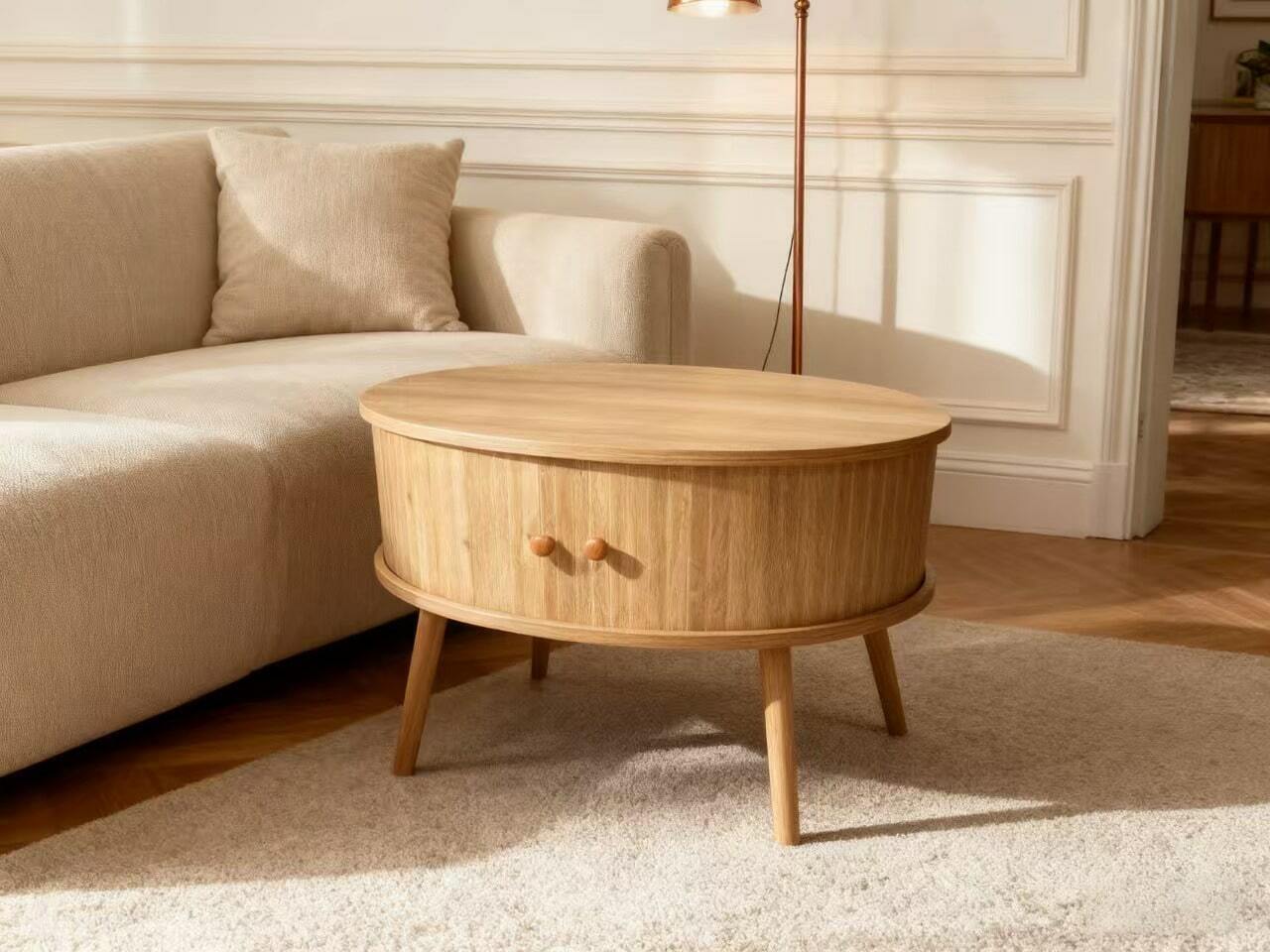 Okrągły stolik kawowy ryflowane fronty dąb boho drewniane nogi 60 cm