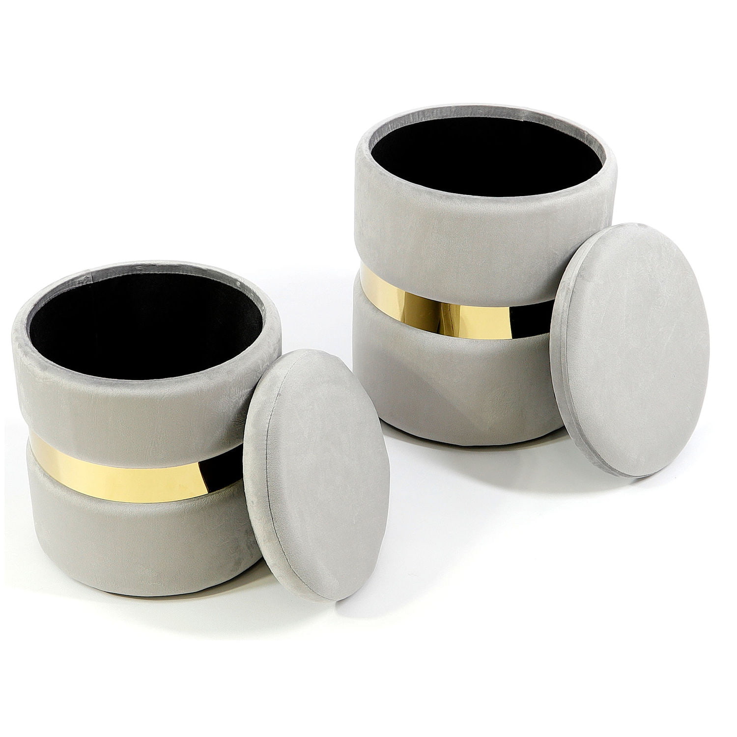 Komplet jasnoszarych welurowych puf ze złotą chromowaną obręczą