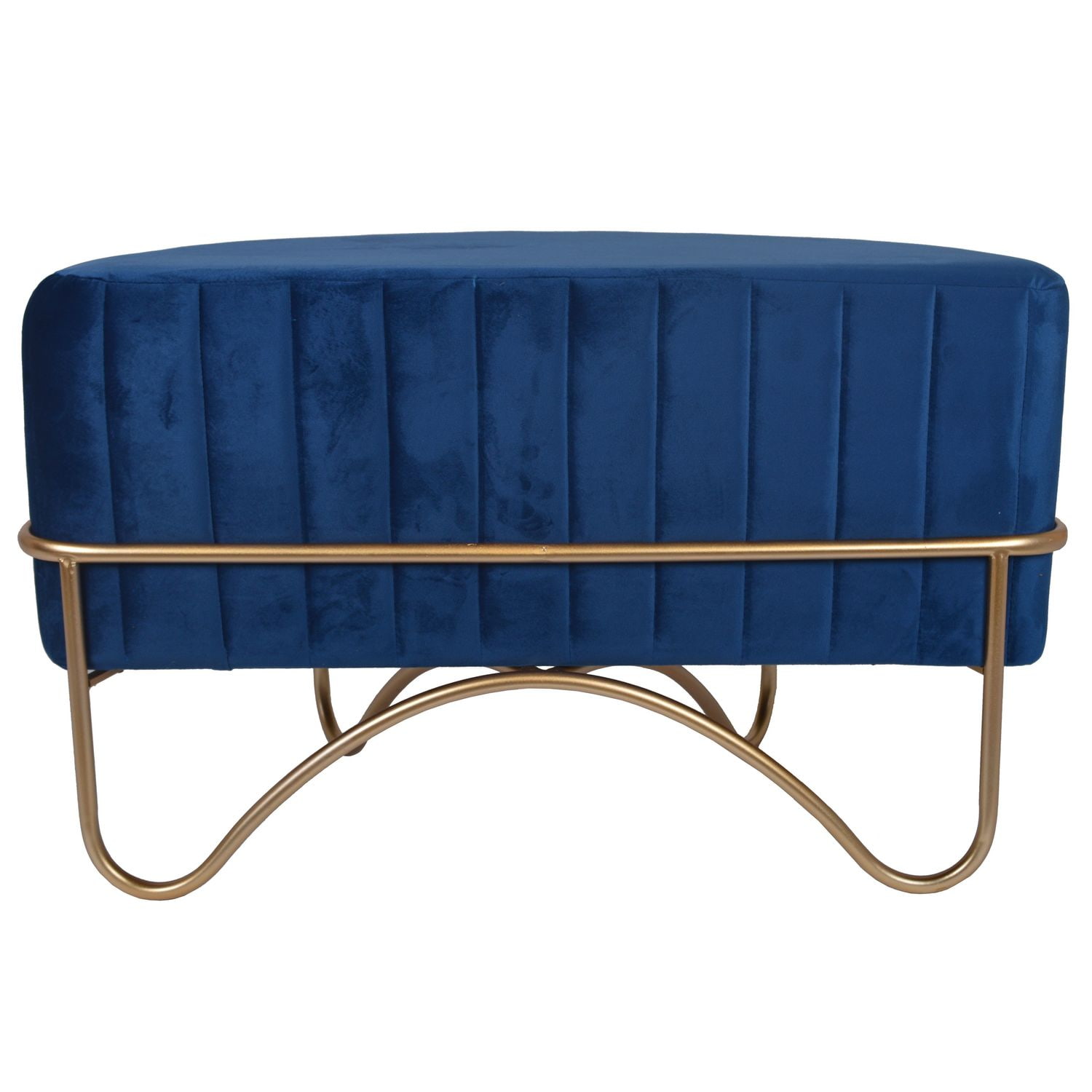 Niebieski półokrągły welurowy puf na złotym stelażu