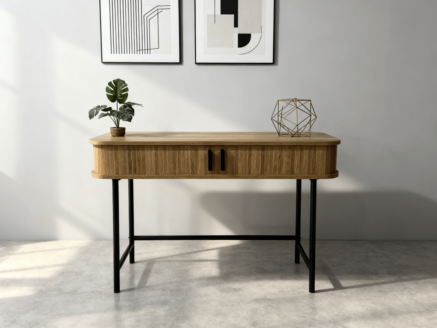 Konsola ryflowanymi frontami BOHO dąb czarne uchwyty 100 cm