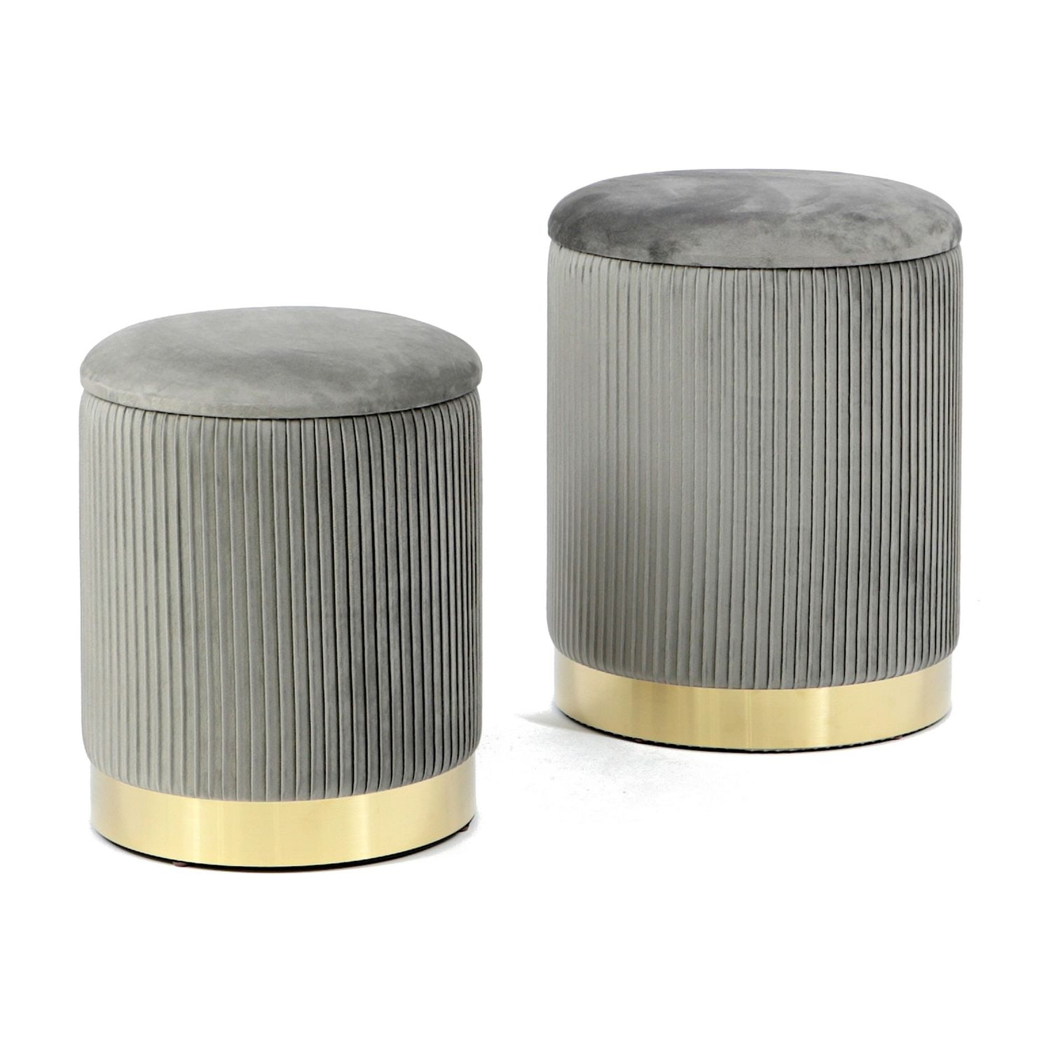 Komplet puf Flora z szarym welurowym siedziskiem na złotej podstawie