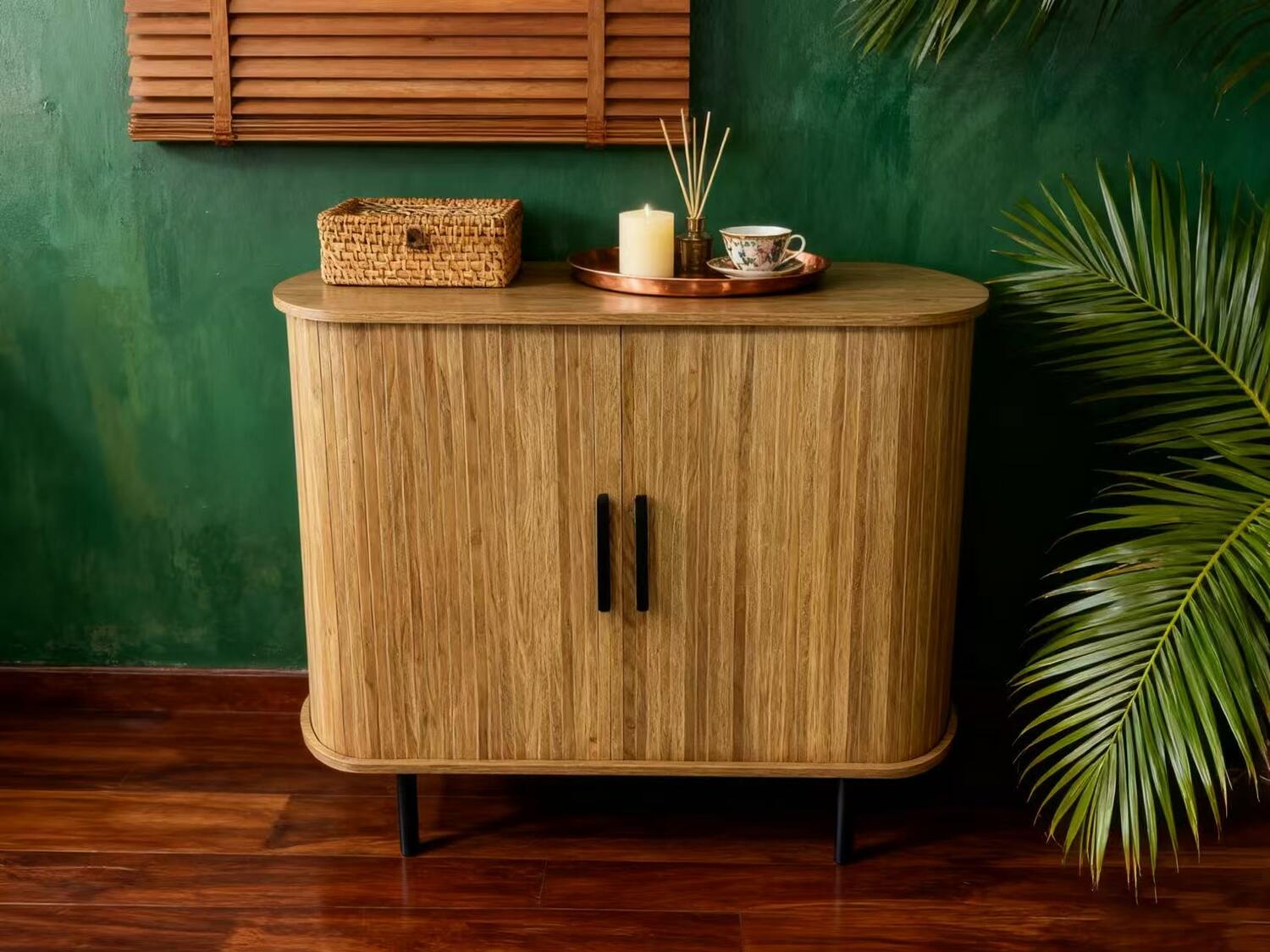 Komoda owalna z ryflowanymi frontami BOHO dąb czarne uchwyty 100 cm