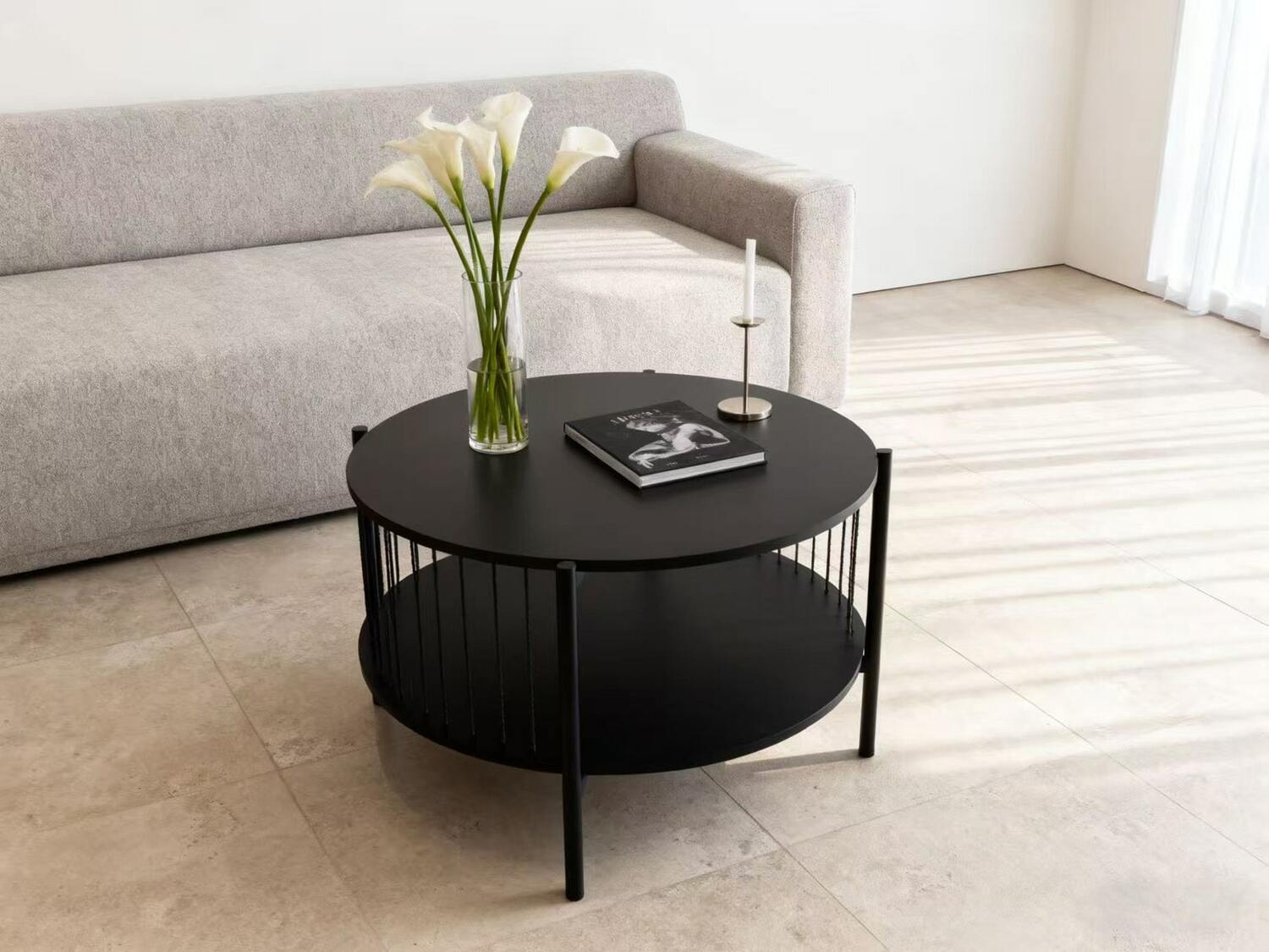 Okrągły stolik kawowy czarny z dwoma blatami 70 cm