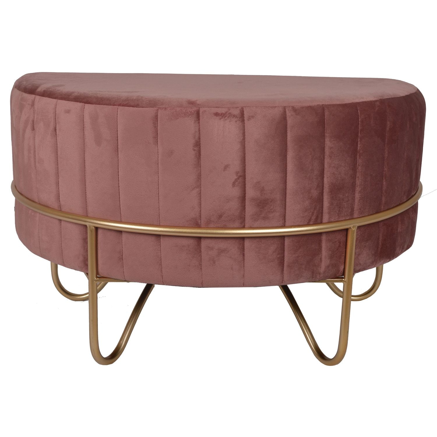 Różowy półokrągły welurowy puf na złotym stelażu