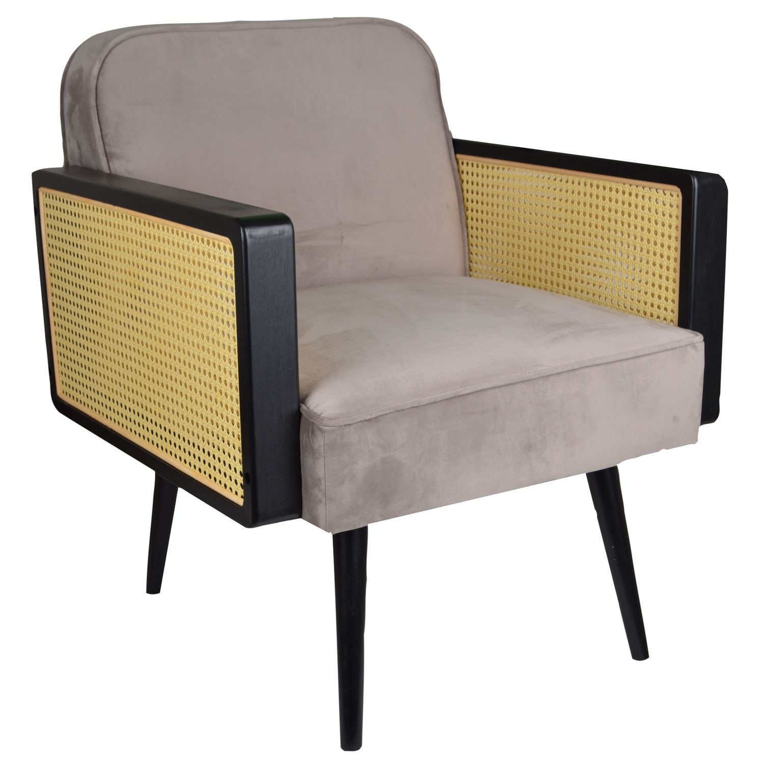 Fotel welurowy w kolorze beżowym BOHO na drewnianych nogach