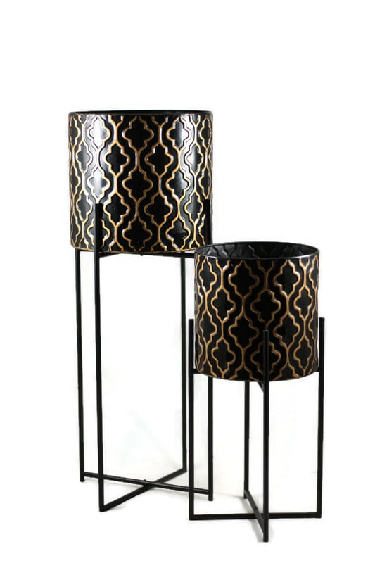 Zestaw dwóch kwietników metalowych w kolorze czarno-złotym w marokański wzór