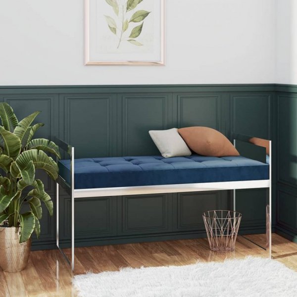 Ławka, 97 cm, niebieska, aksamit i stal nierdzewna