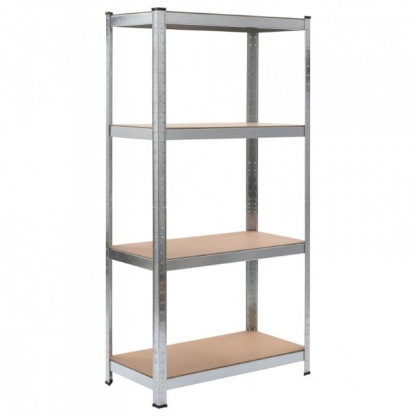 Regał z 4 półkami, srebrny, stal i materiał drewnopochodny